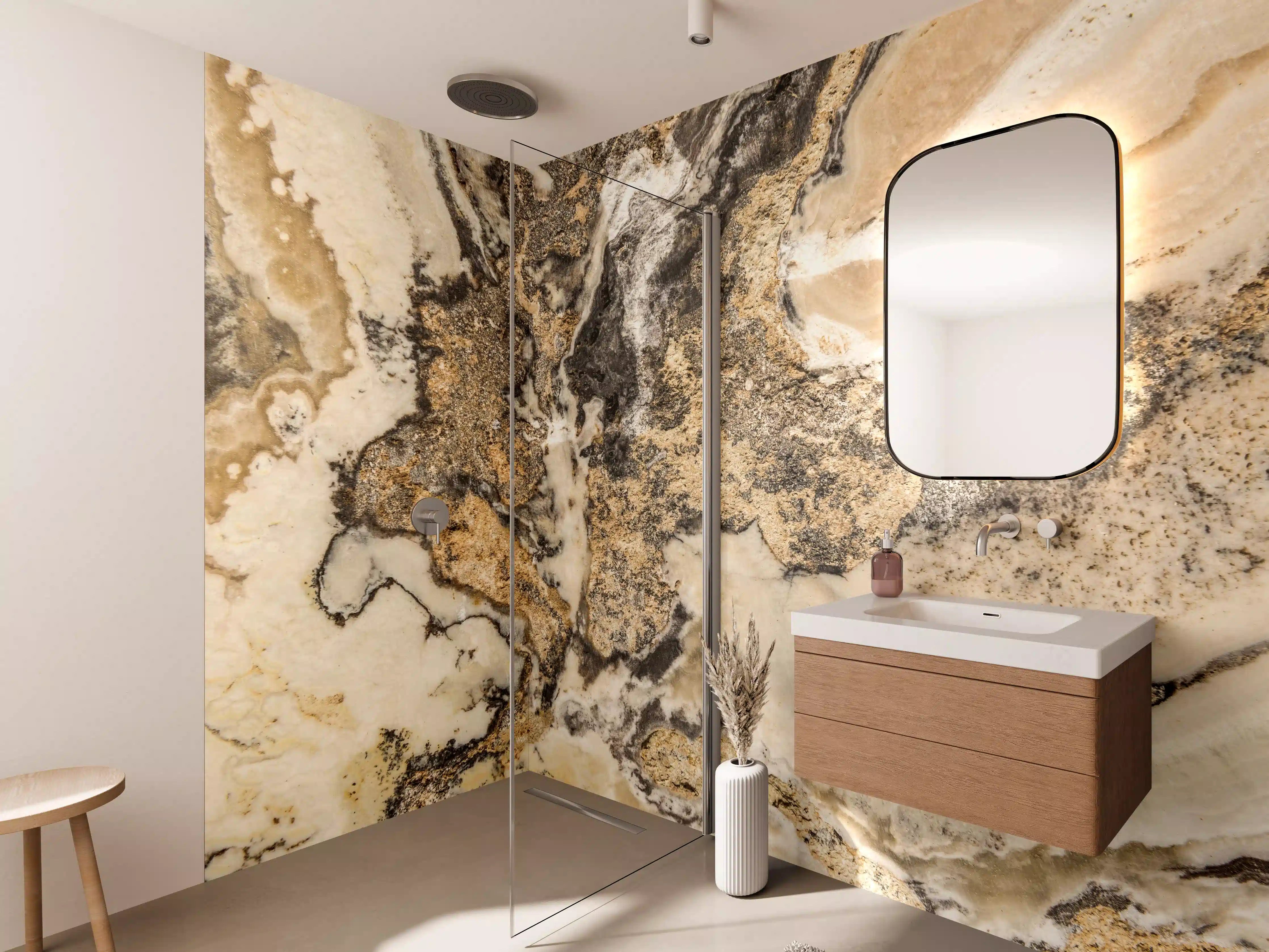 Wandverkleidung Bad - Grauschimmernde Marmor-Akzente mit Gold