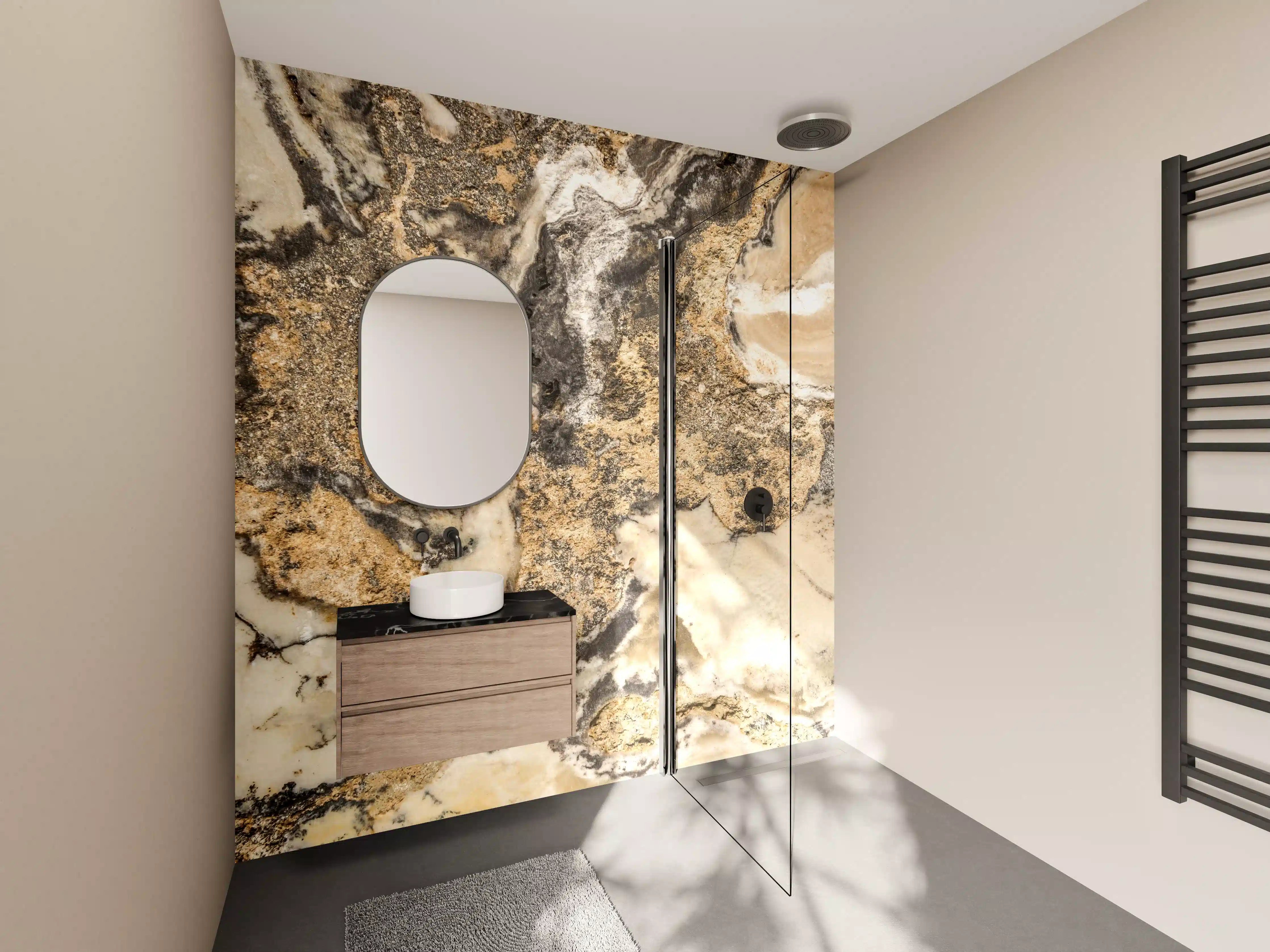 Wandverkleidung Bad - Grauschimmernde Marmor-Akzente mit Gold
