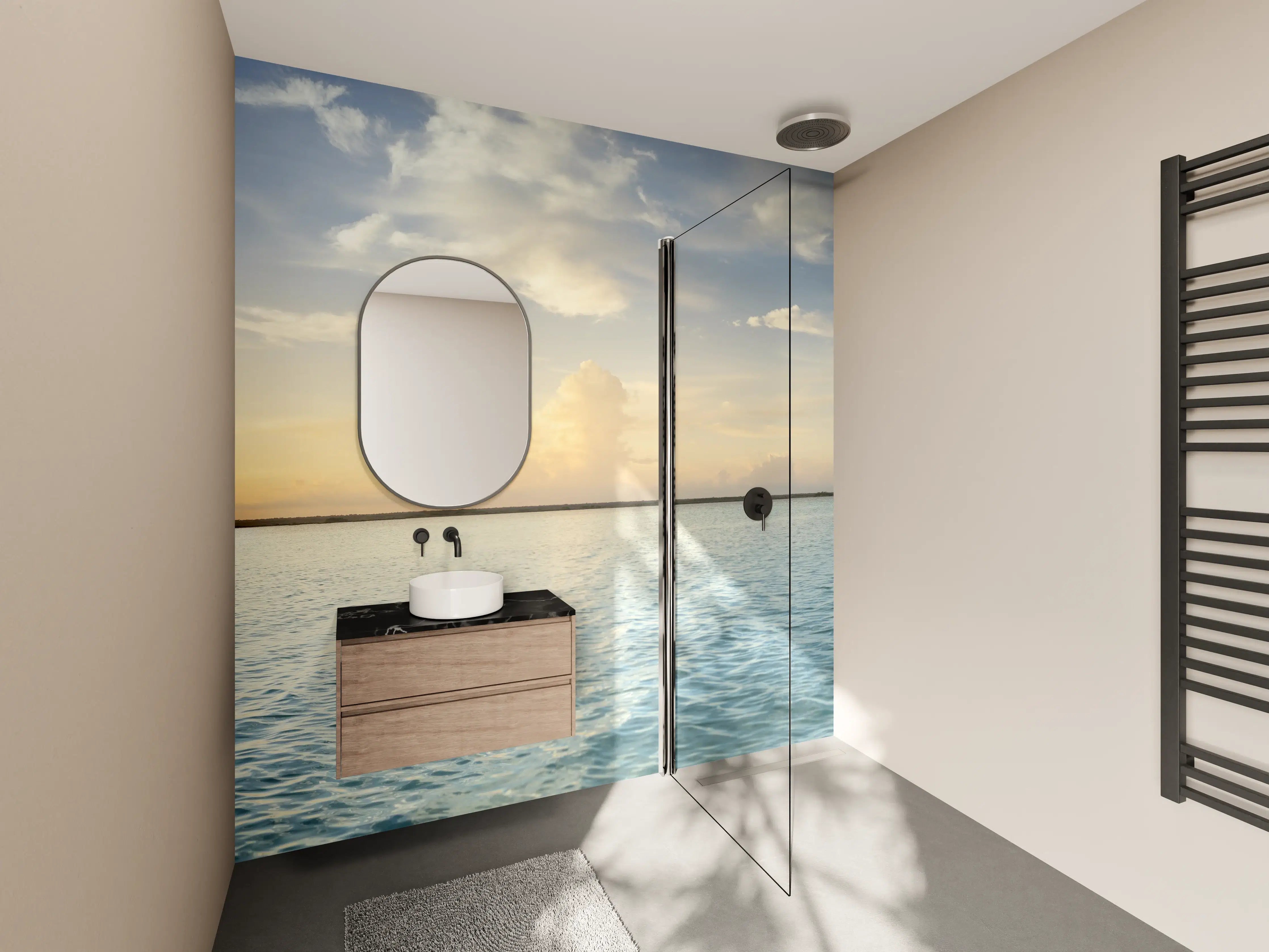 Wandverkleidung Bad - Grauwe Wolken über stiller See