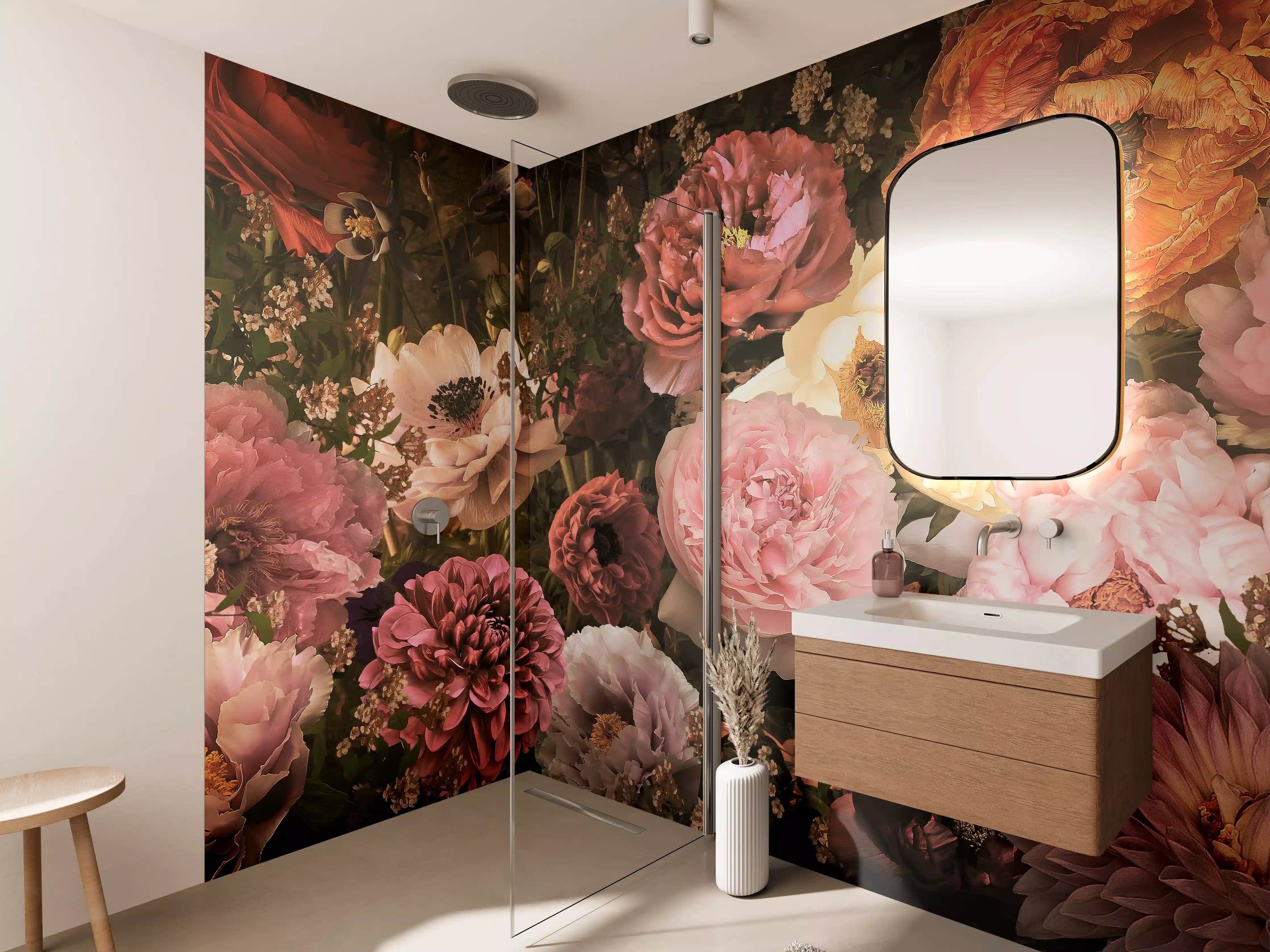 Wandverkleidung Bad - Große Blumen im Vintage-Stil
