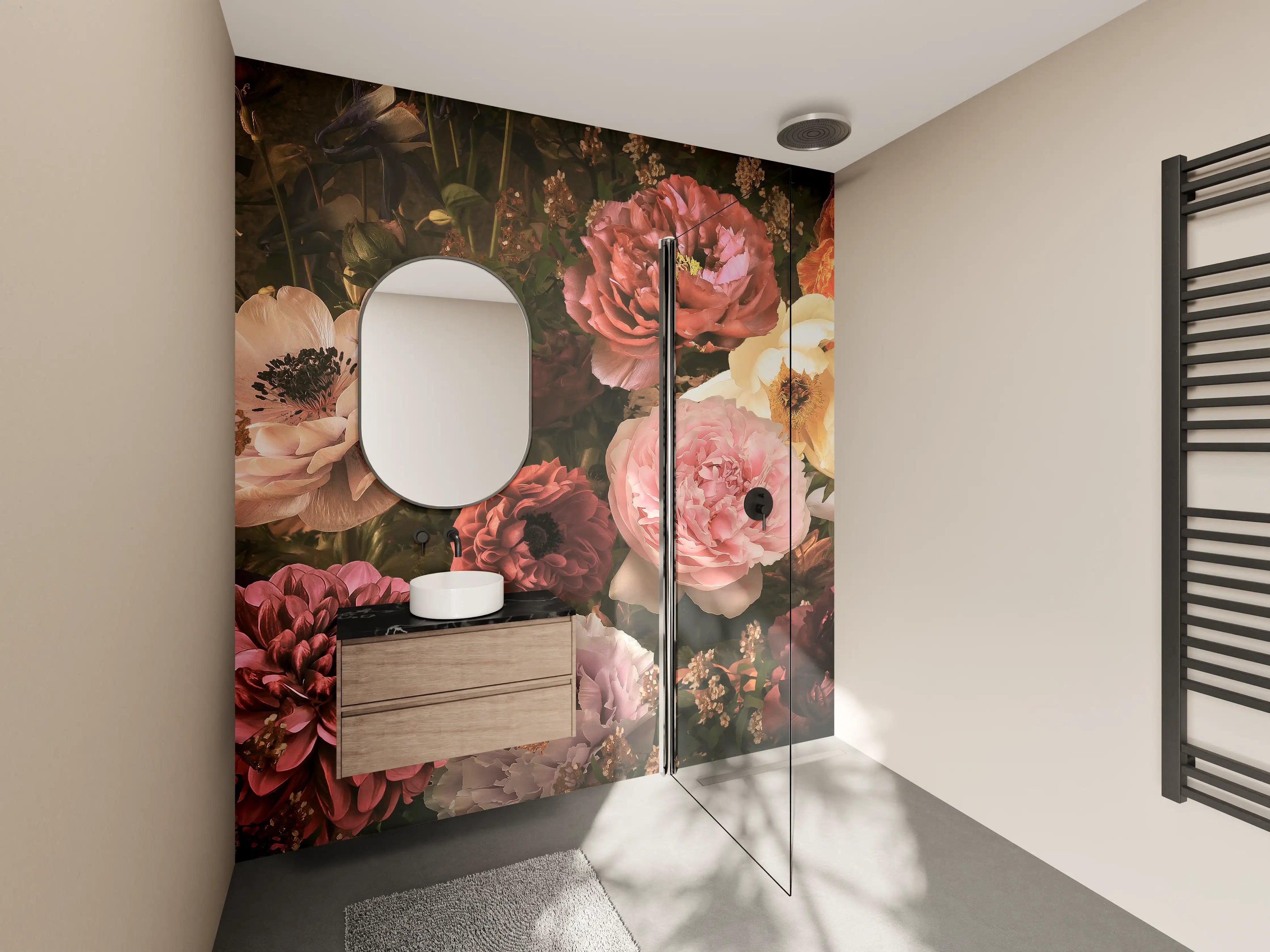 Wandverkleidung Bad - Große Blumen im Vintage-Stil