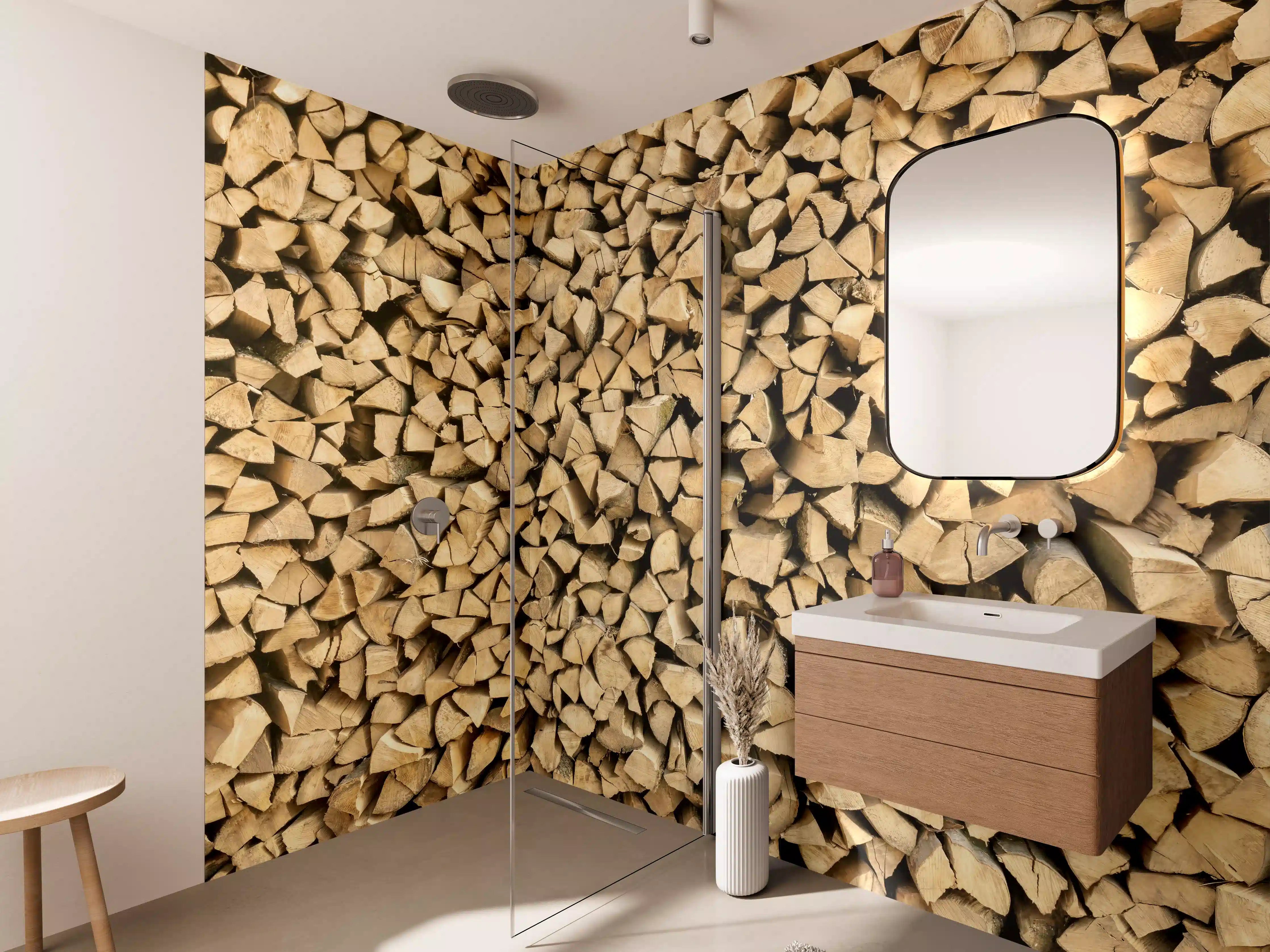 Wandverkleidung Bad - Großer Haufen Holzscheite