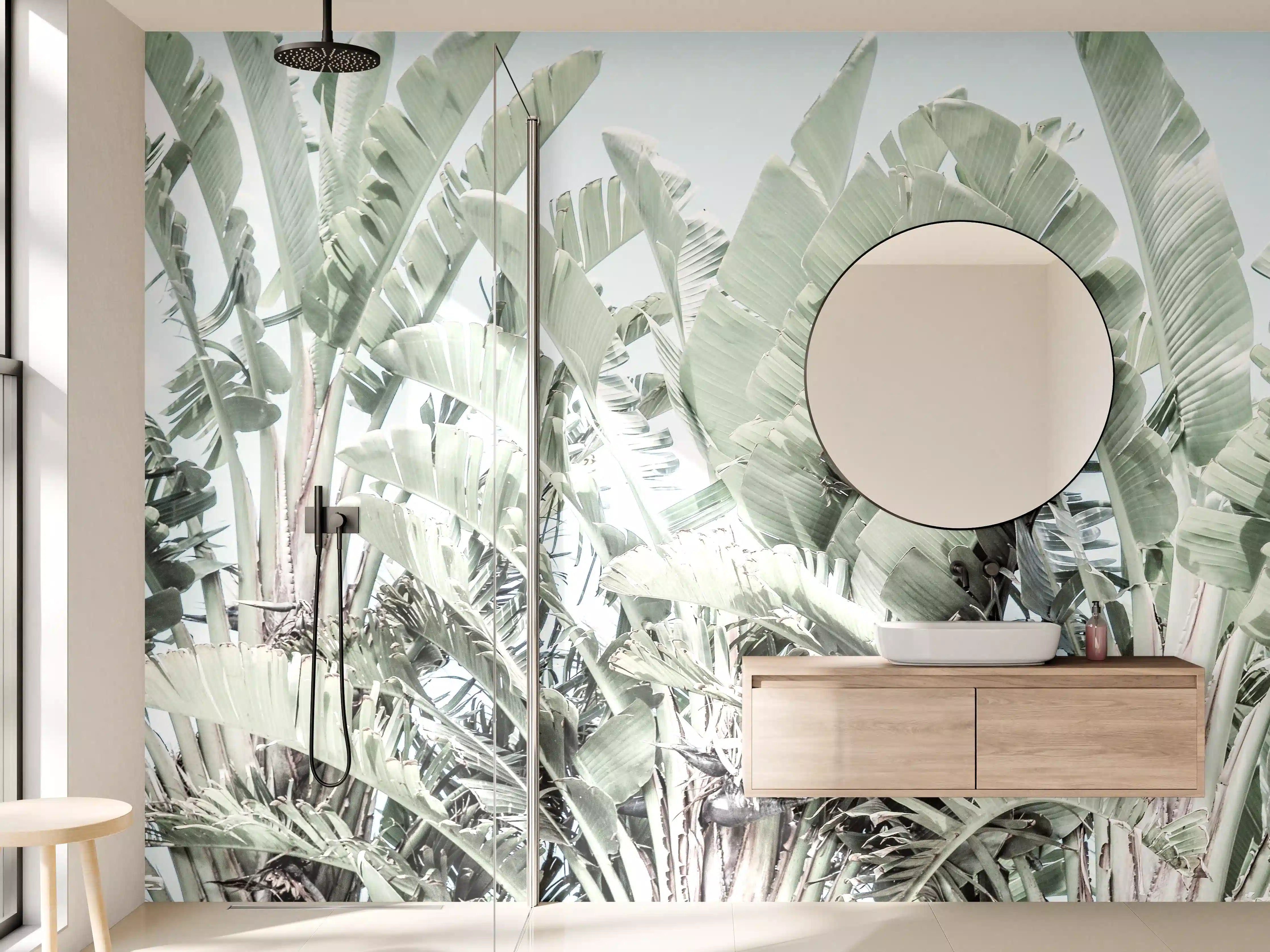 Wandverkleidung Bad - Grün-Weiße Palmenblätter