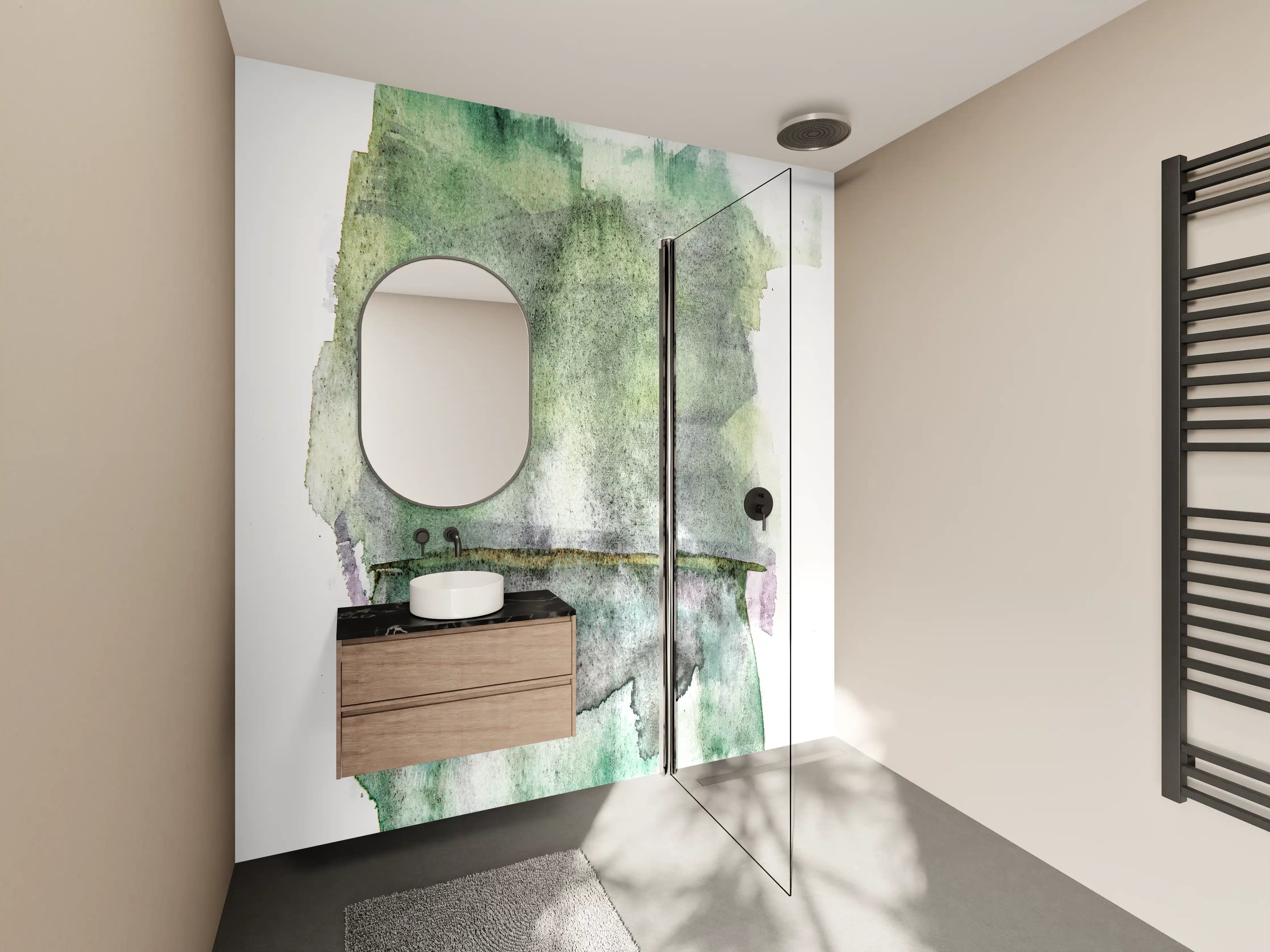 Wandverkleidung Bad - Grün-weiße Aquarellmalerei