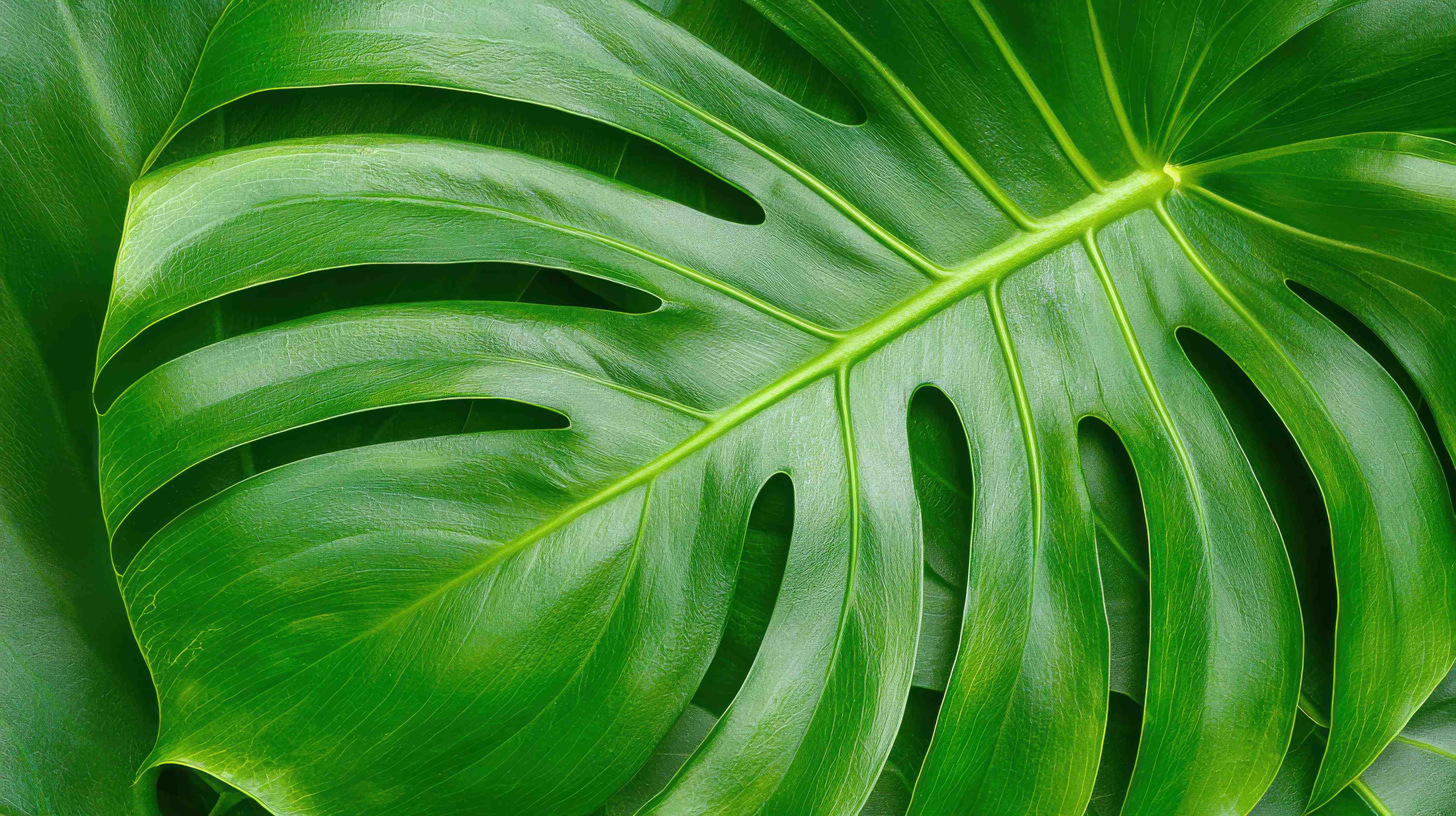 Wandverkleidung Bad-Grüne Monstera-Blatt in Nahaufnahme
