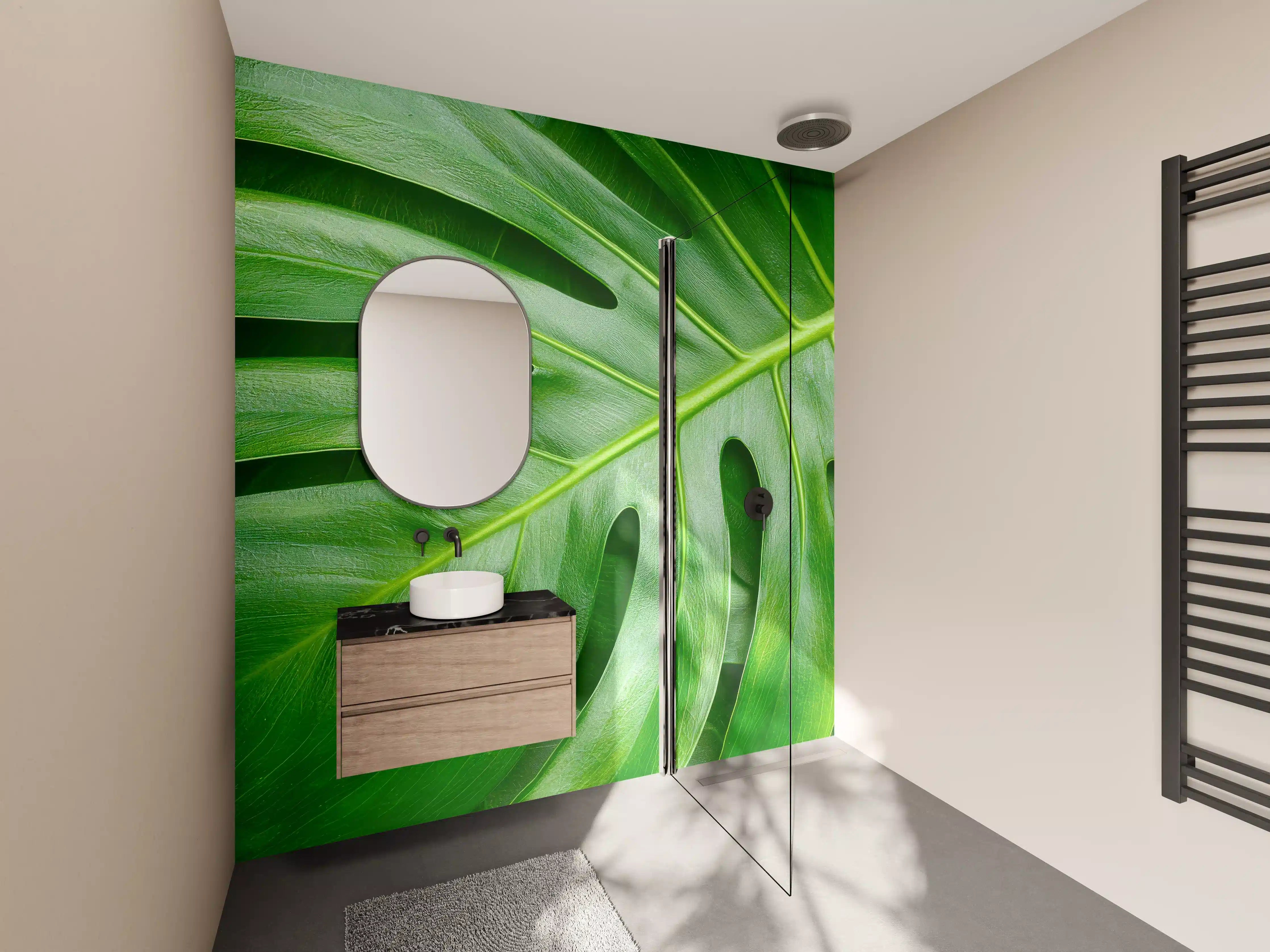 Wandverkleidung Bad - Grüne Monstera-Blatt in Nahaufnahme
