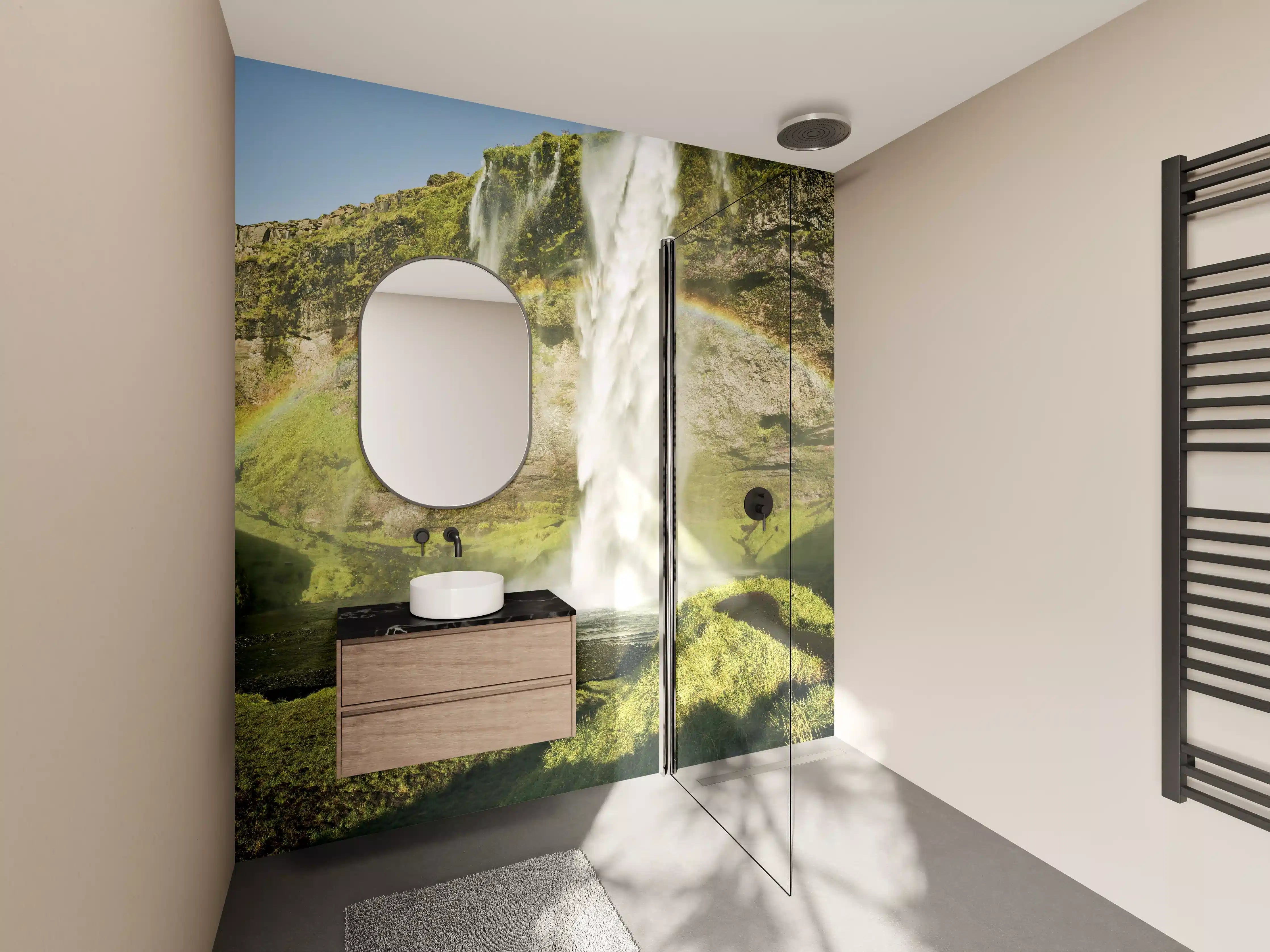 Wandverkleidung Bad - Grüne Wasserfall-Landschaft mit Regenbogen