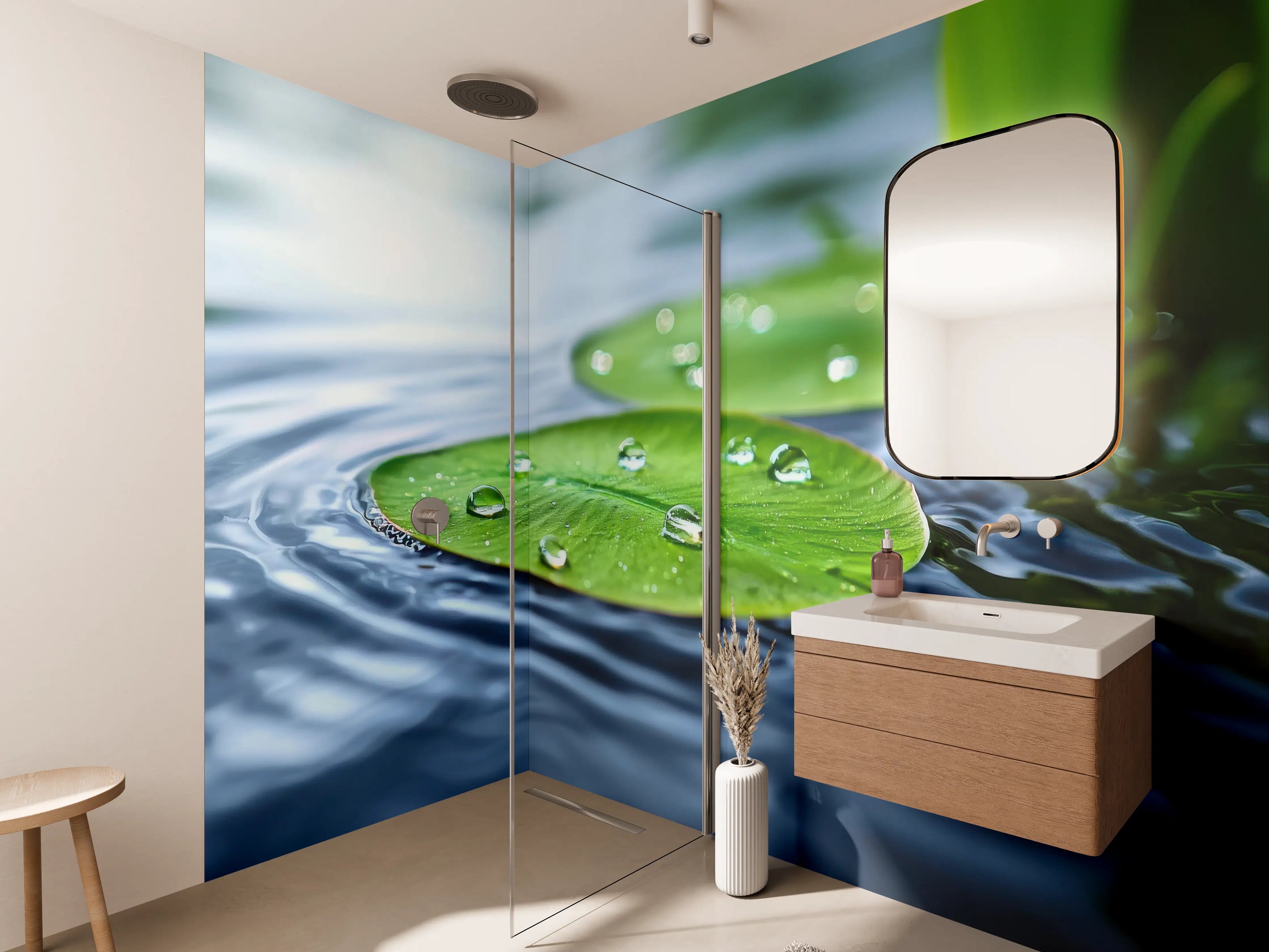 Wandverkleidung Bad - Grüne Wasserlilie mit Wassertropfen