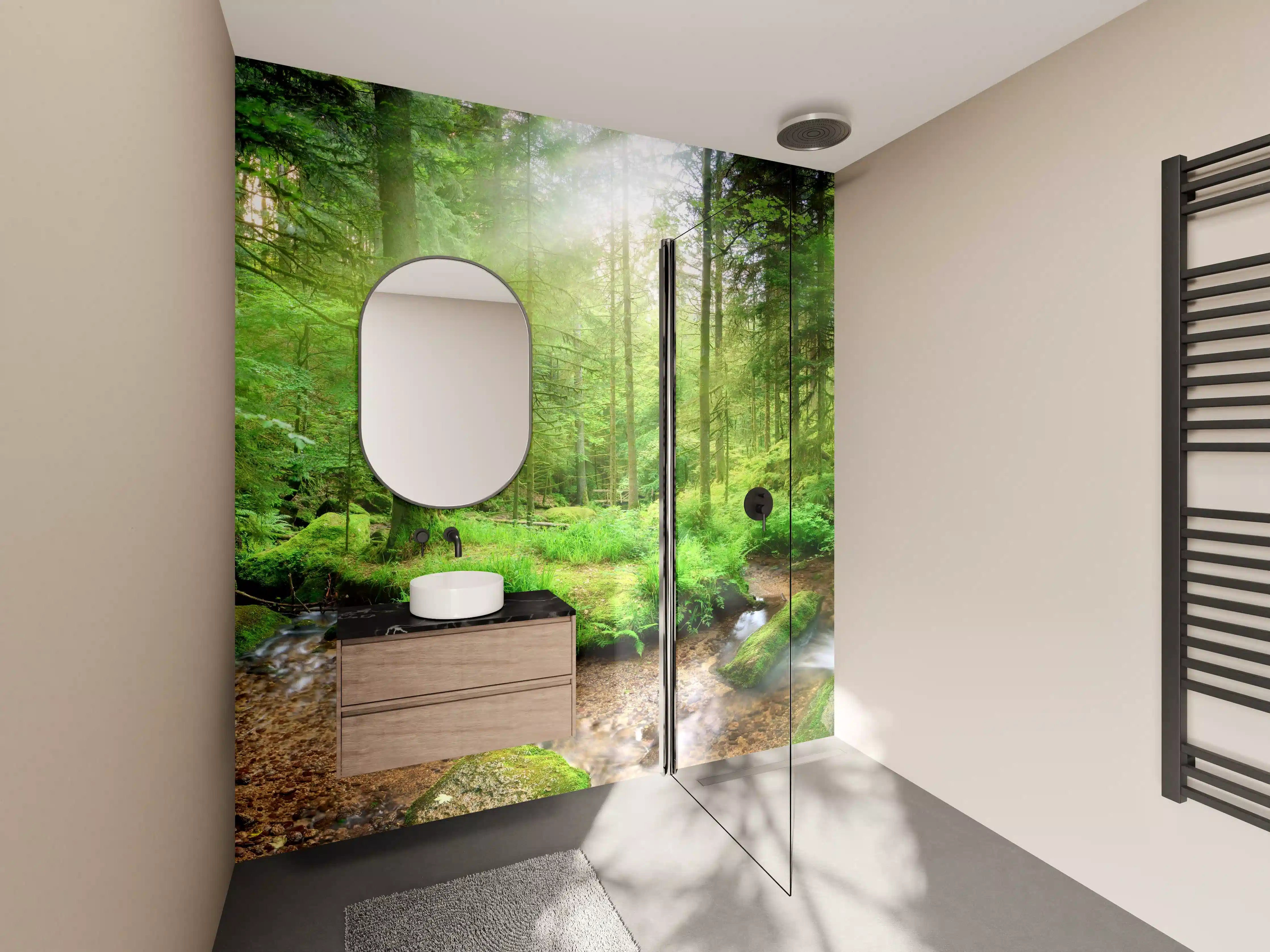 Wandverkleidung Bad - Grüner Wald mit Bach und Sonnenlicht