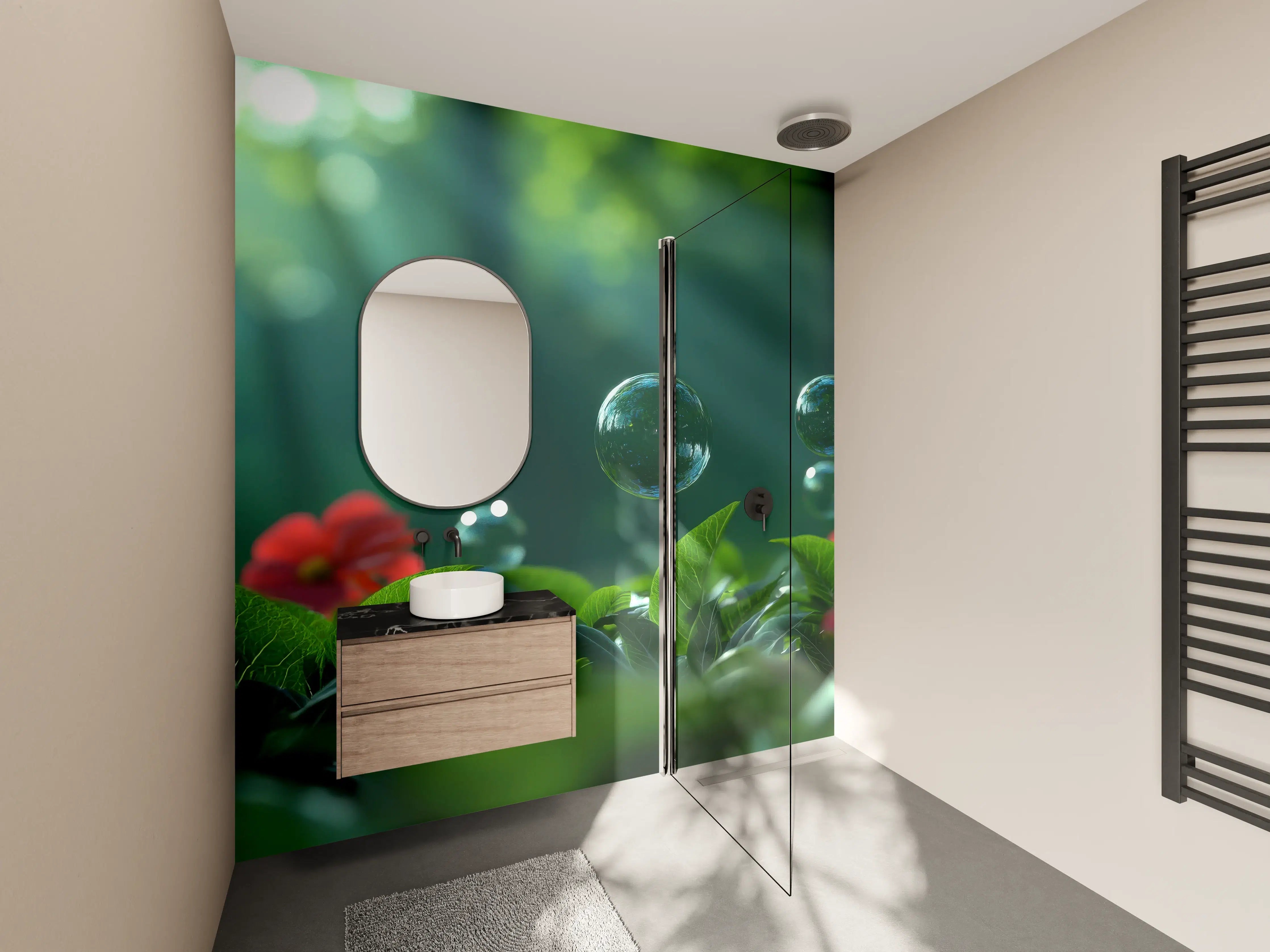 Wandverkleidung Bad - Grünes Dschungel- und Wasserbälge mit Sonnenlicht