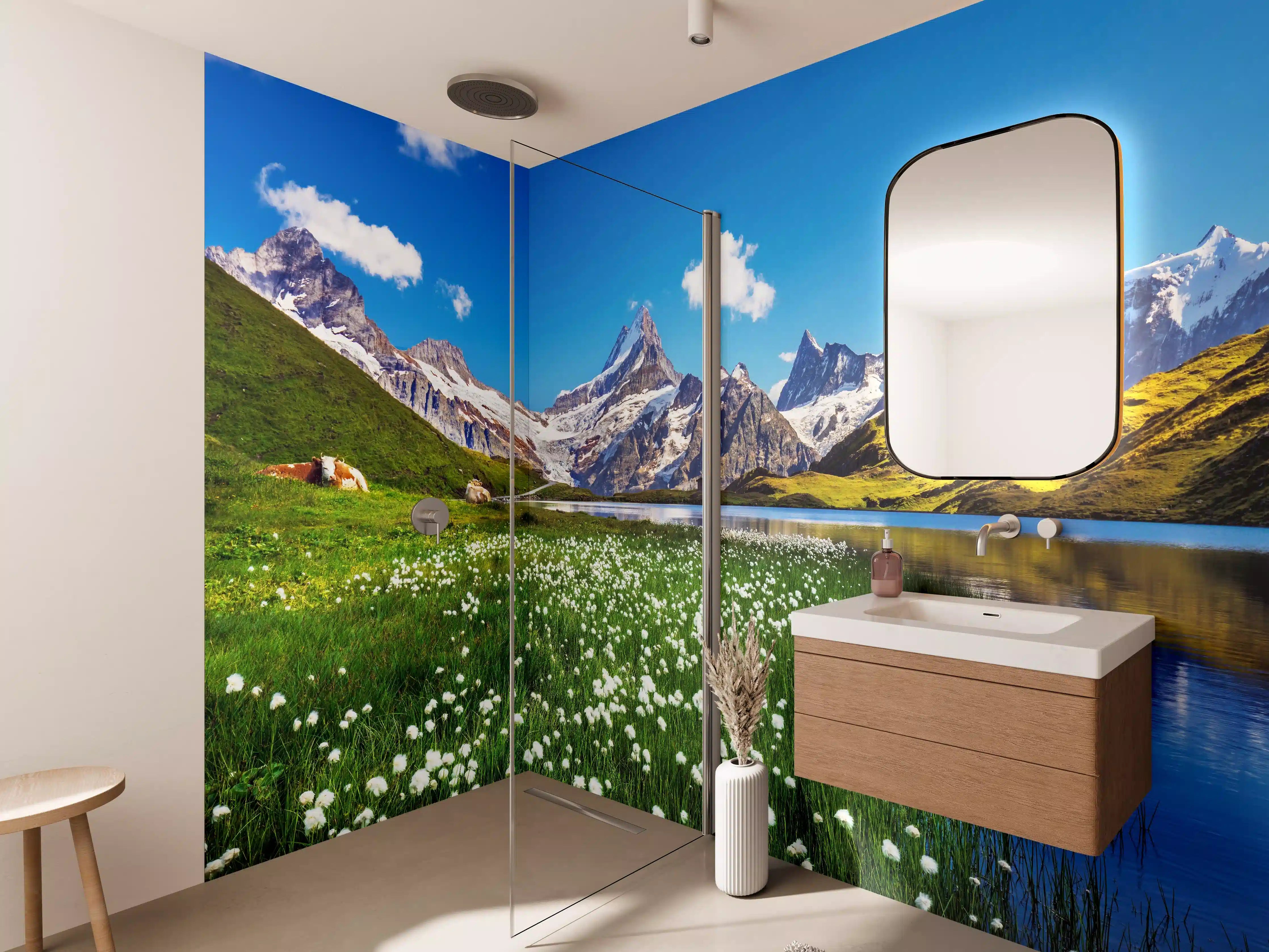 Wandverkleidung Bad - Heitere Aussicht auf die Berner Alpenkette