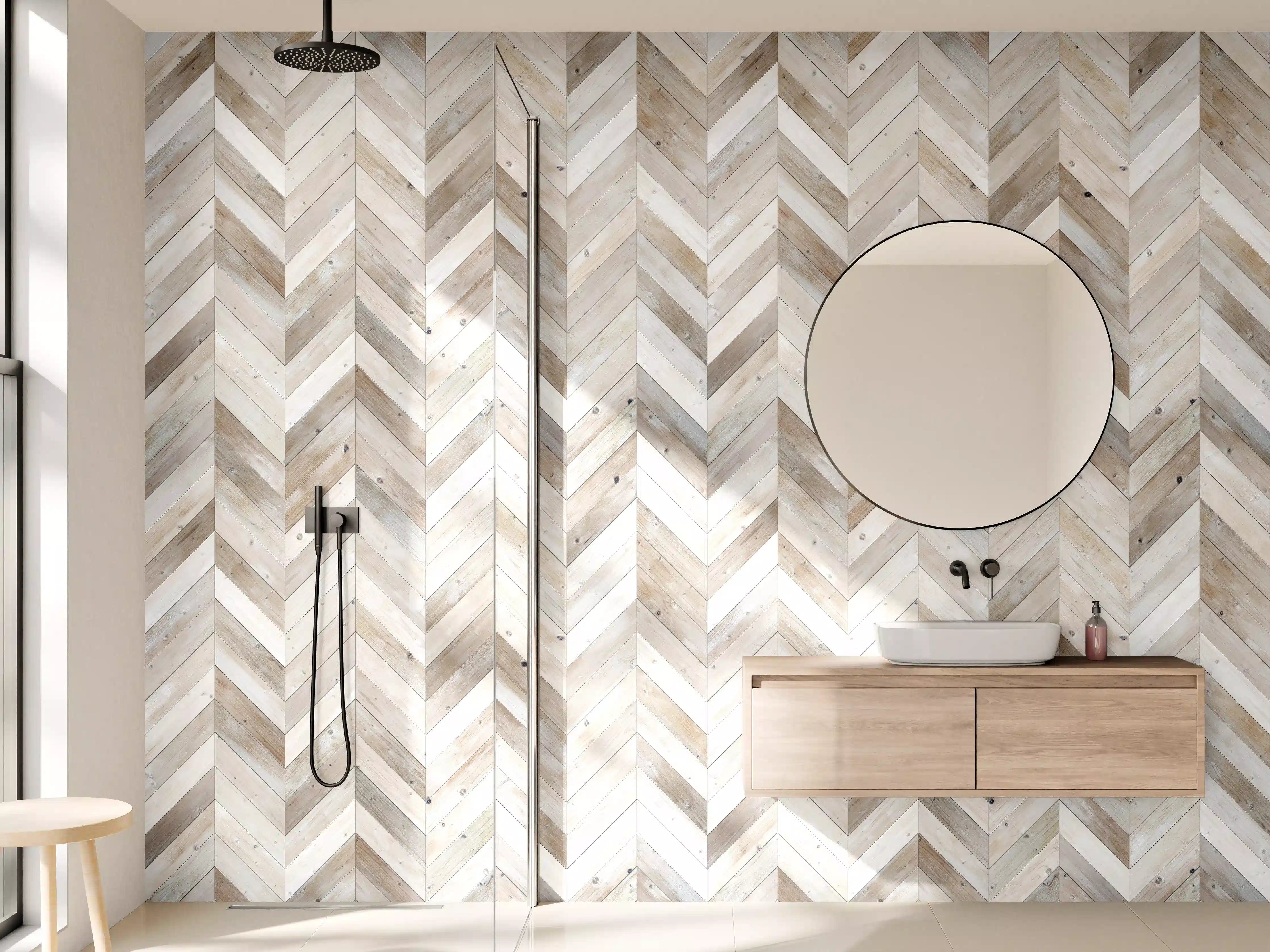 Wandverkleidung Bad - Hell: Weiß-Braun-Grau Holz-Design mit Chevron-Muster