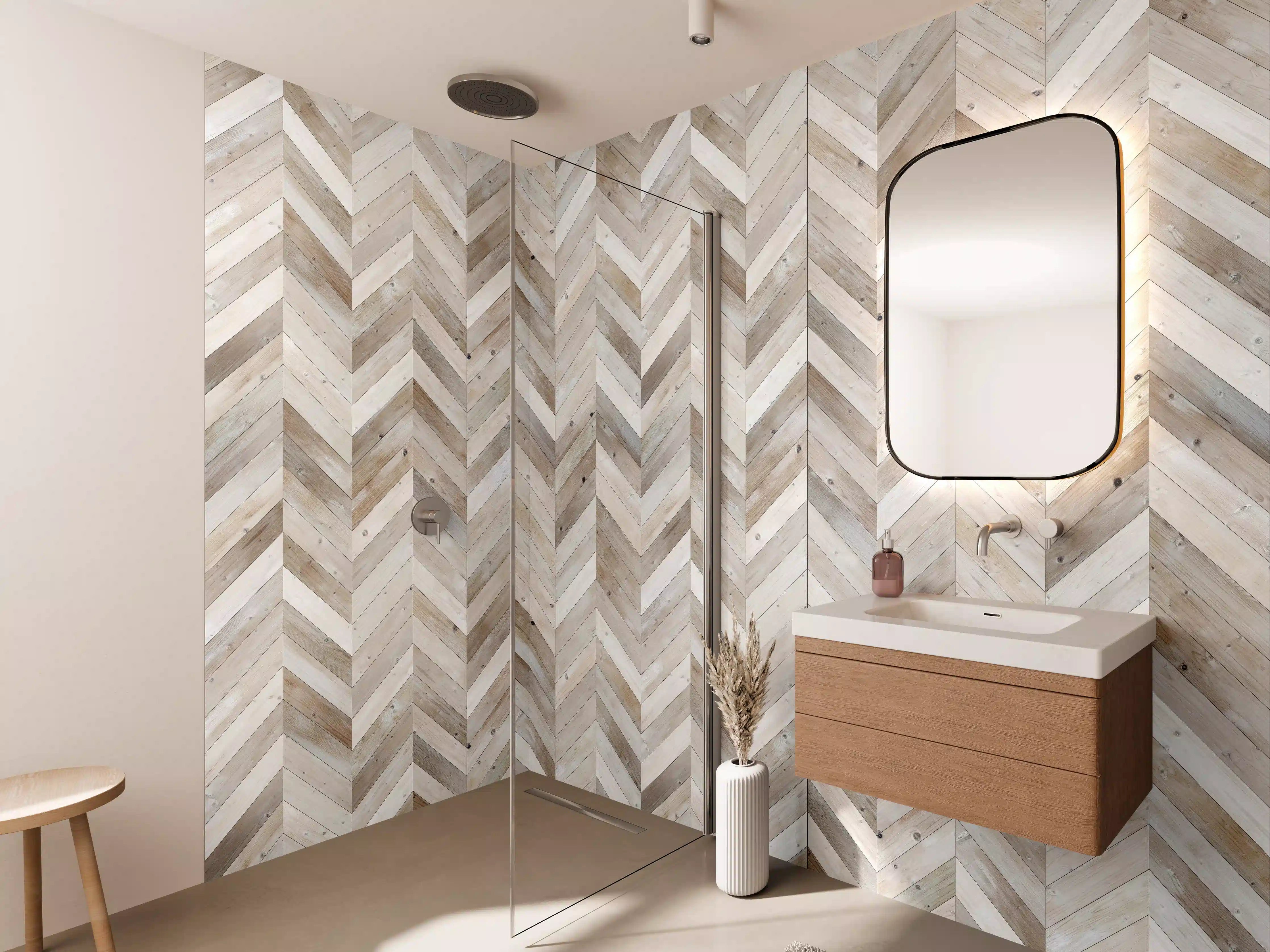 Wandverkleidung Bad - Hell: Weiß-Braun-Grau Holz-Design mit Chevron-Muster