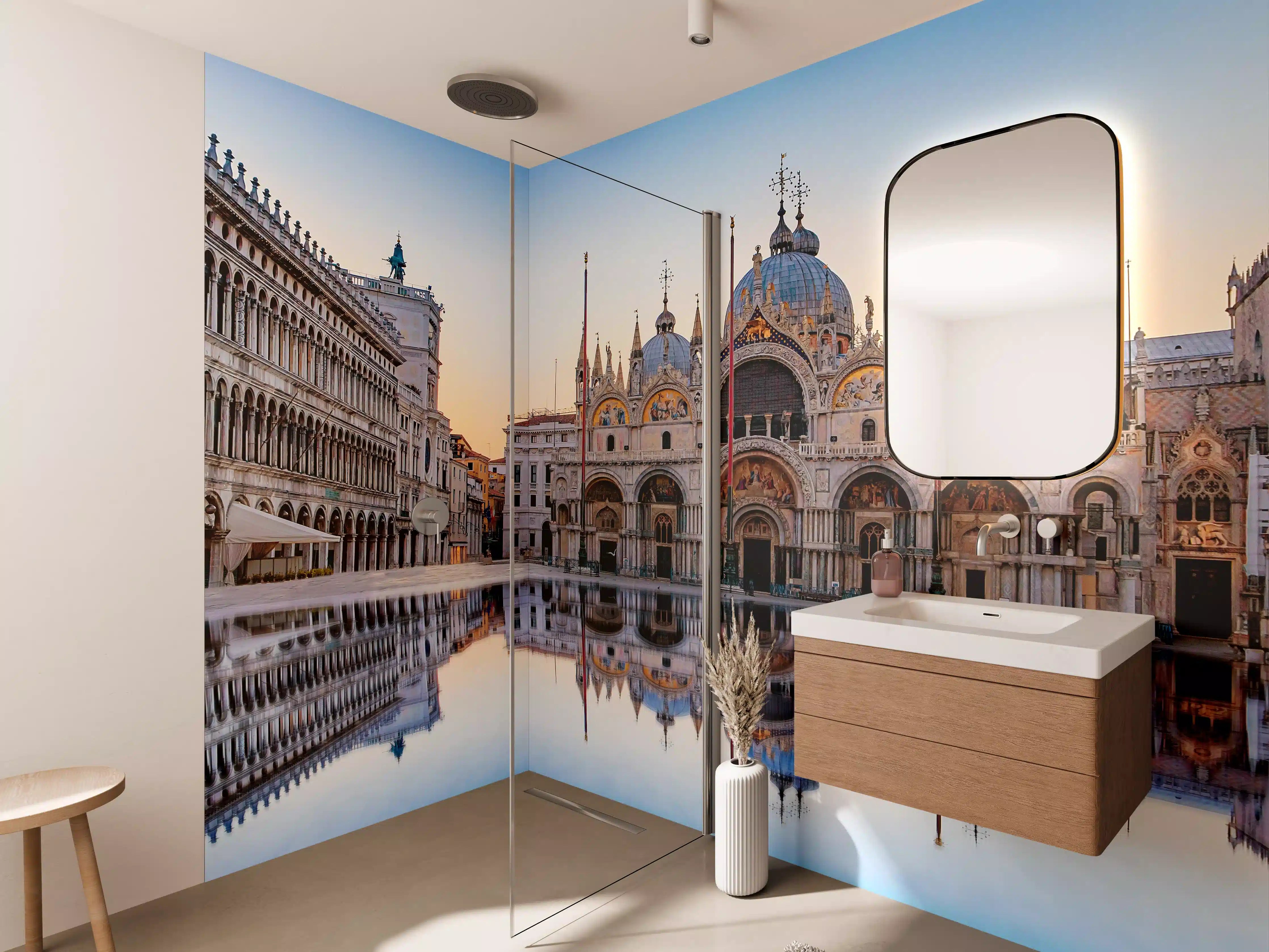 Wandverkleidung Bad - Hellas-Architektur am Wasser bei Sonnenuntergang