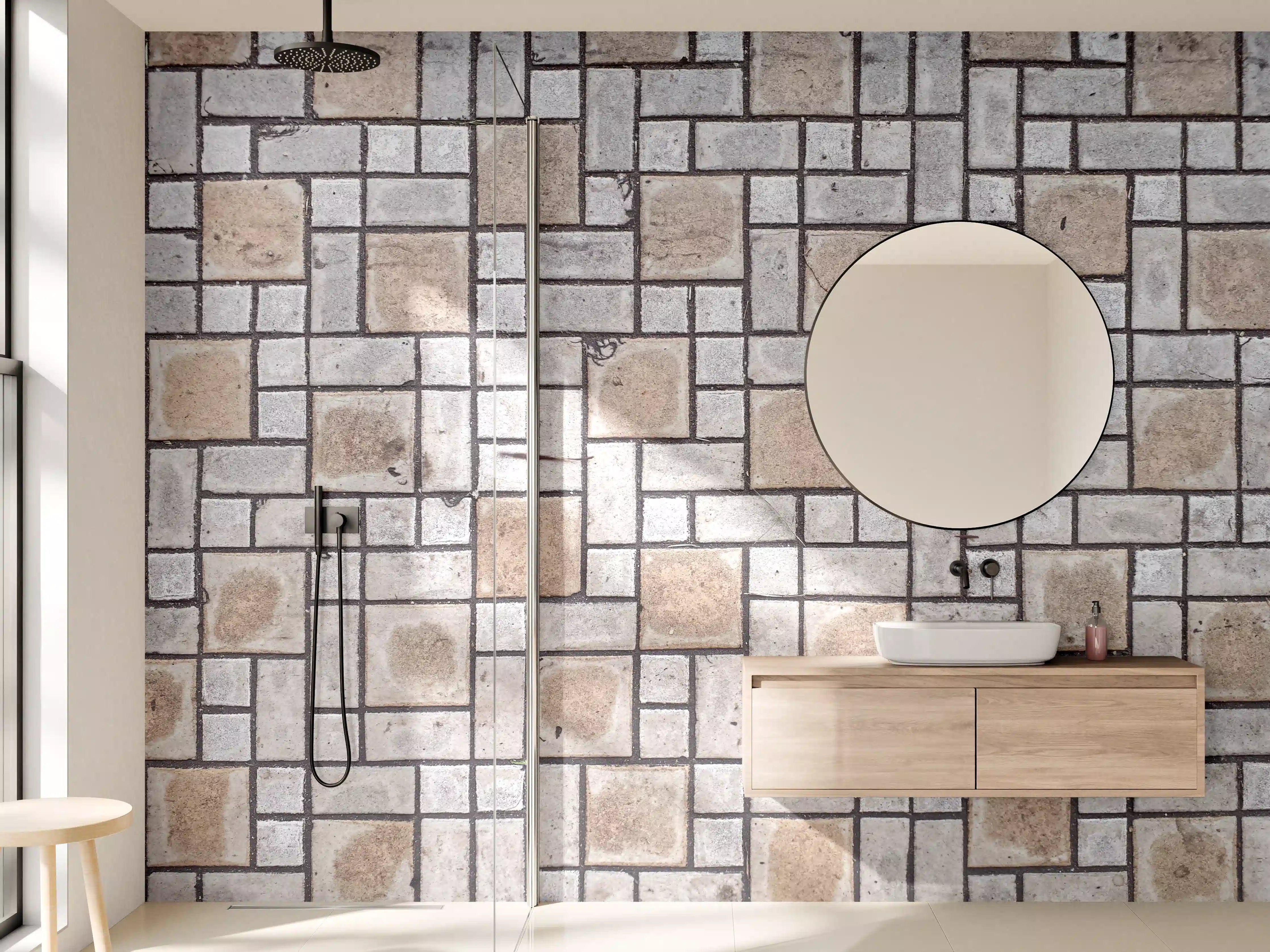 Wandverkleidung Bad - Hellbeige Fliesenmuster mit dunklen Linien