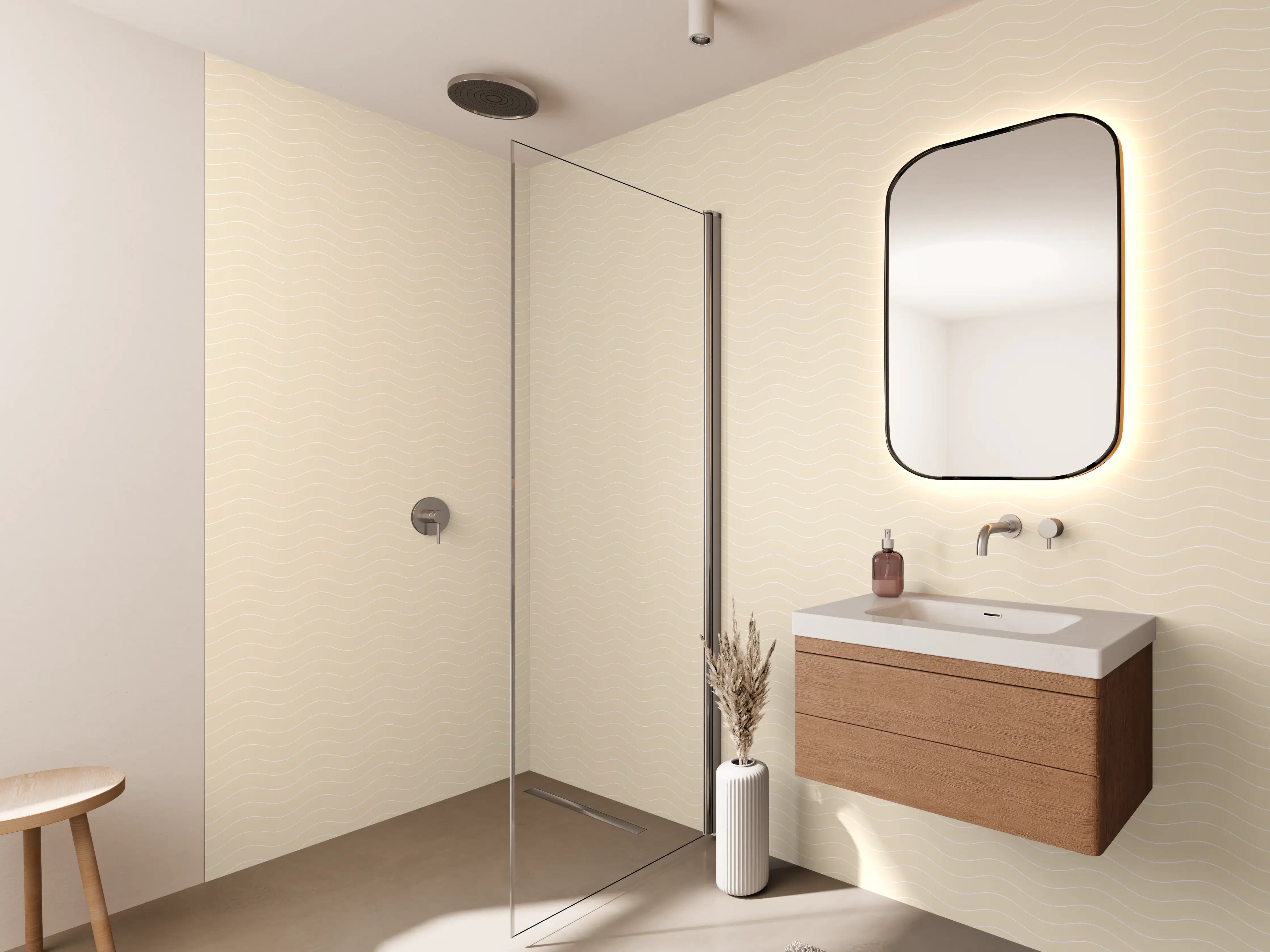 Wandverkleidung Bad - Helle Beige Wand mit subtiler Wellenstruktur