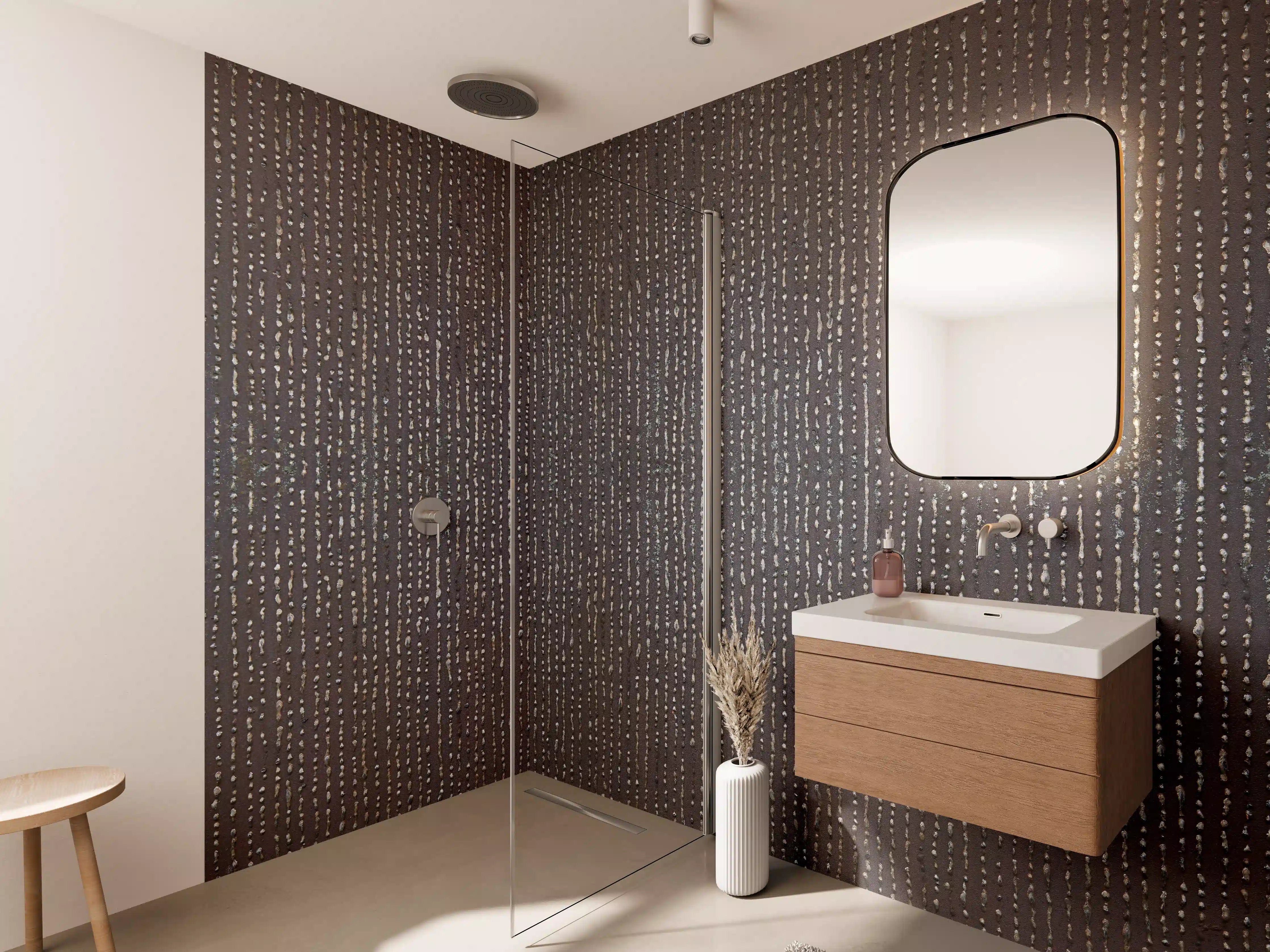 Wandverkleidung Bad - Helle Grautöne mit feinen Linien