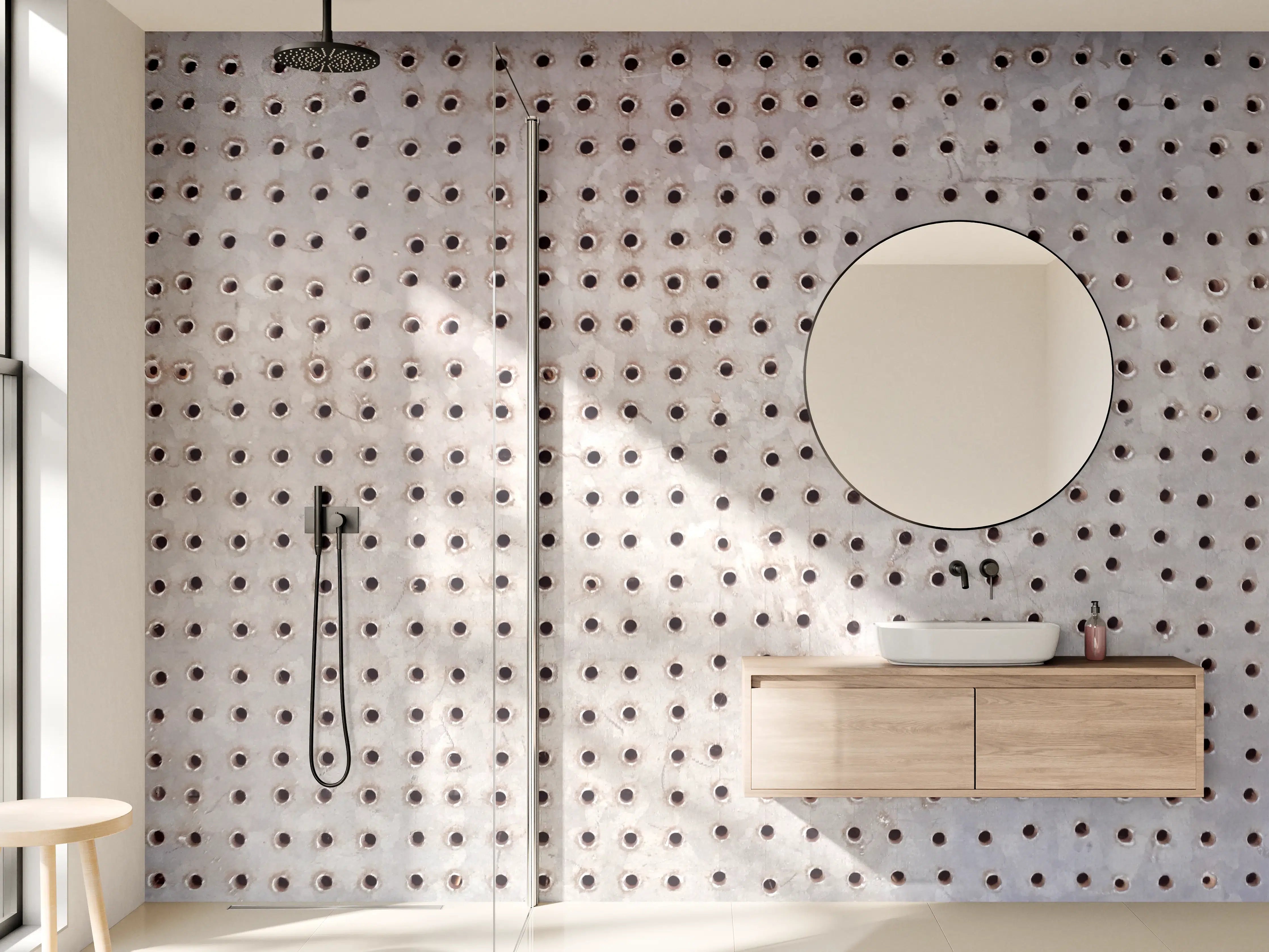 Wandverkleidung Bad - Helle Holzoberfläche mit Lochmuster