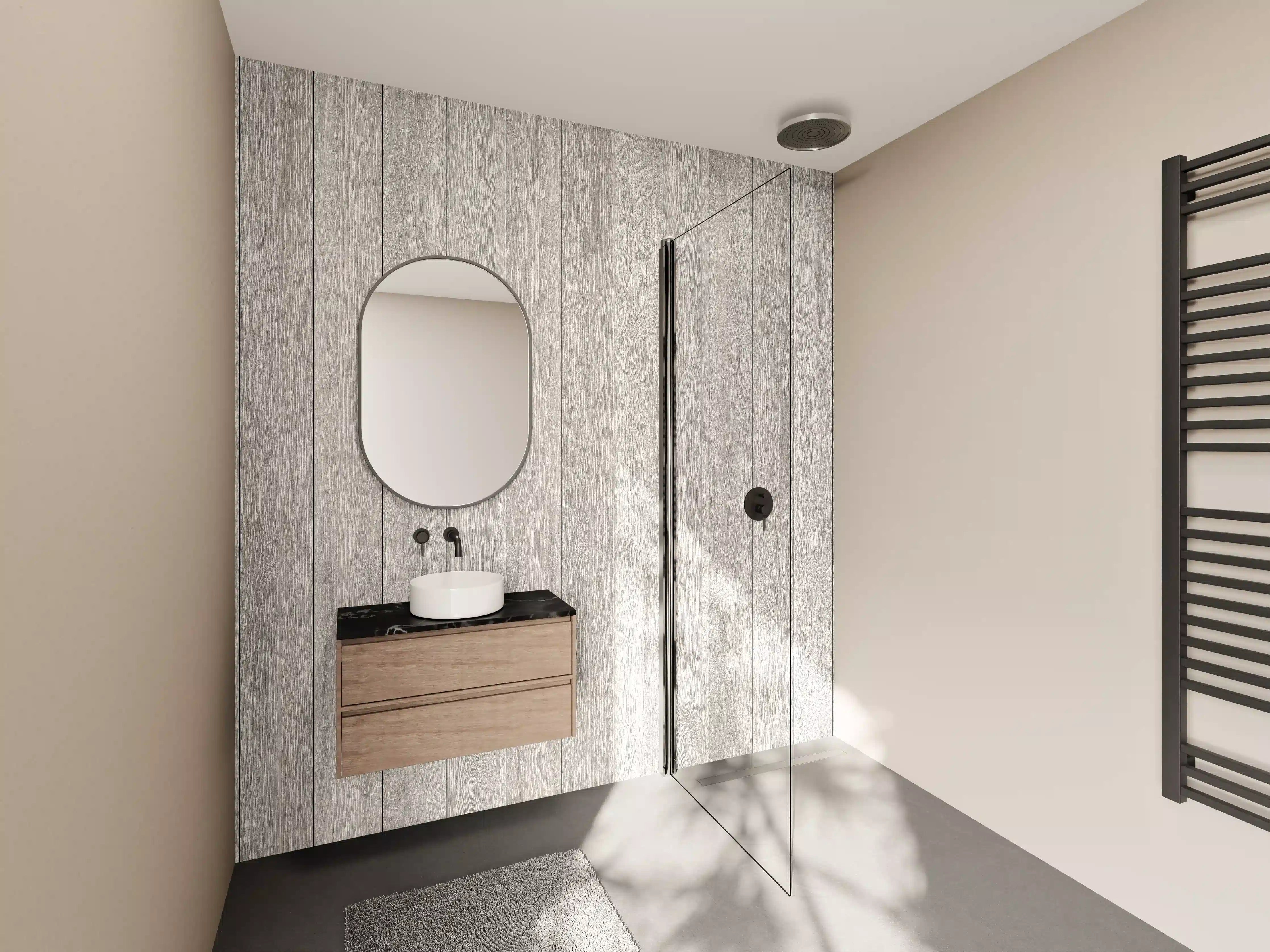 Wandverkleidung Bad - Helle Holzoptik mit Grau-Details