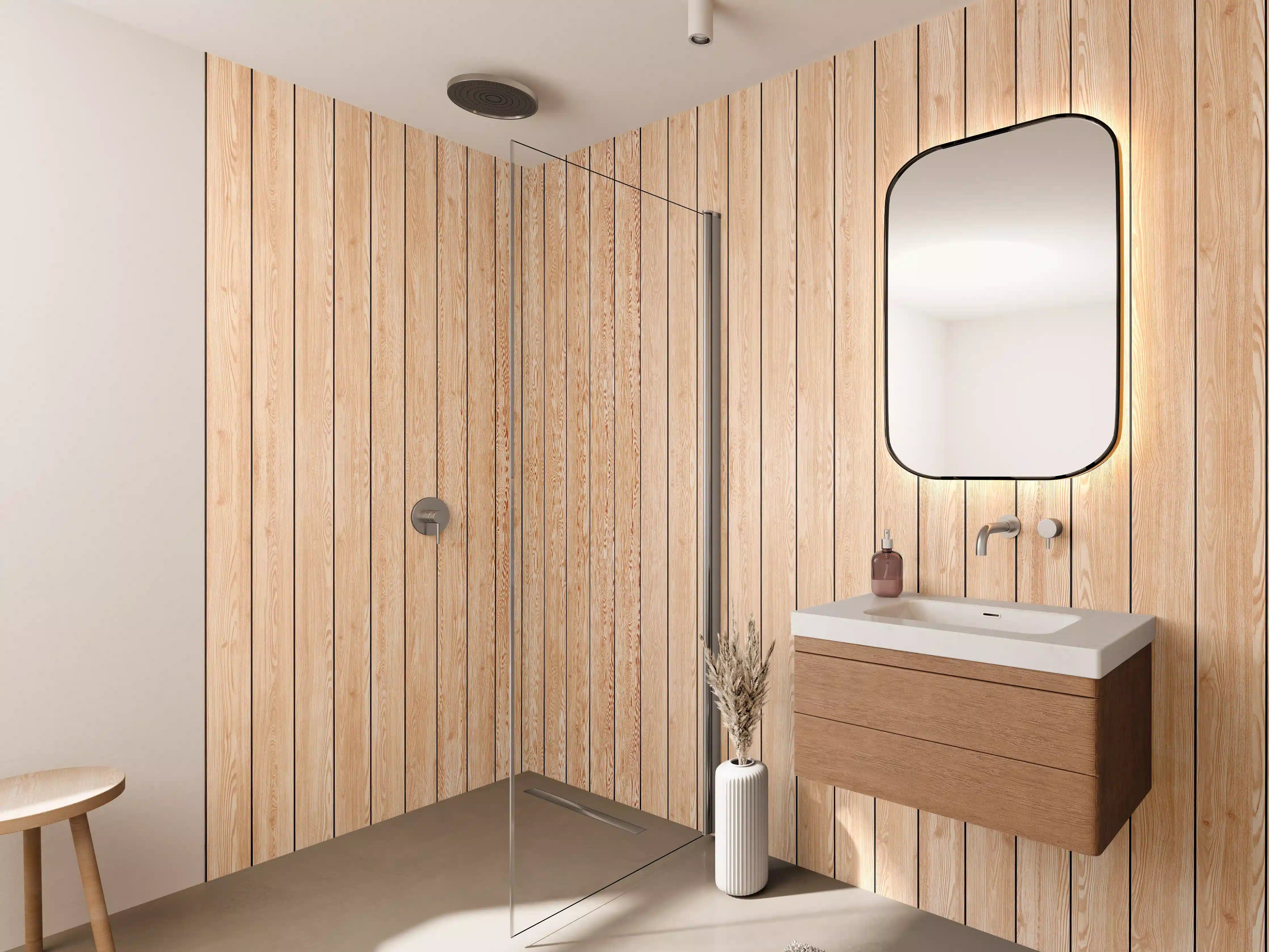 Wandverkleidung Bad - Helle Holzwand mit feiner Maserung
