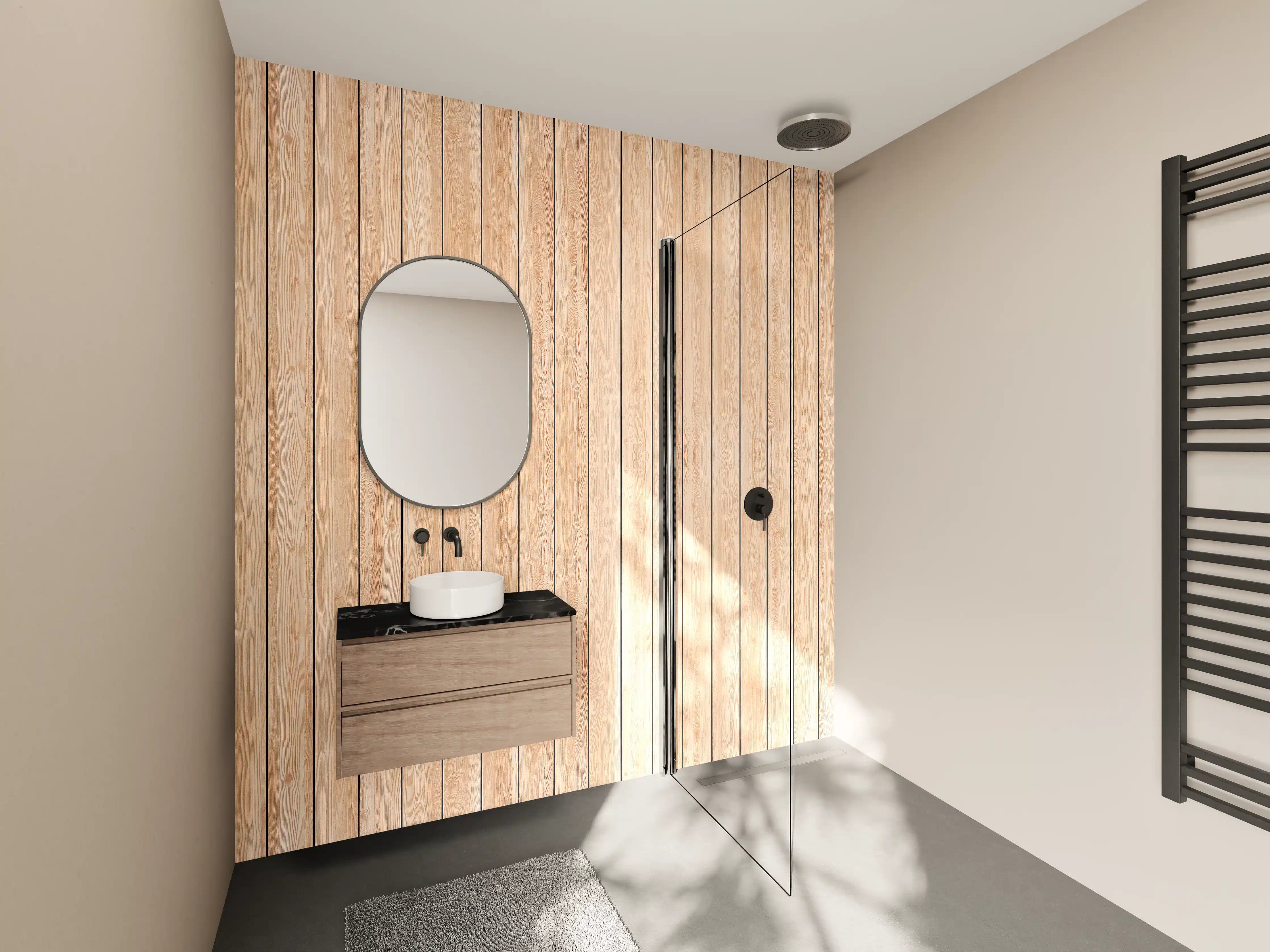 Wandverkleidung Bad - Helle Holzwand mit feiner Maserung