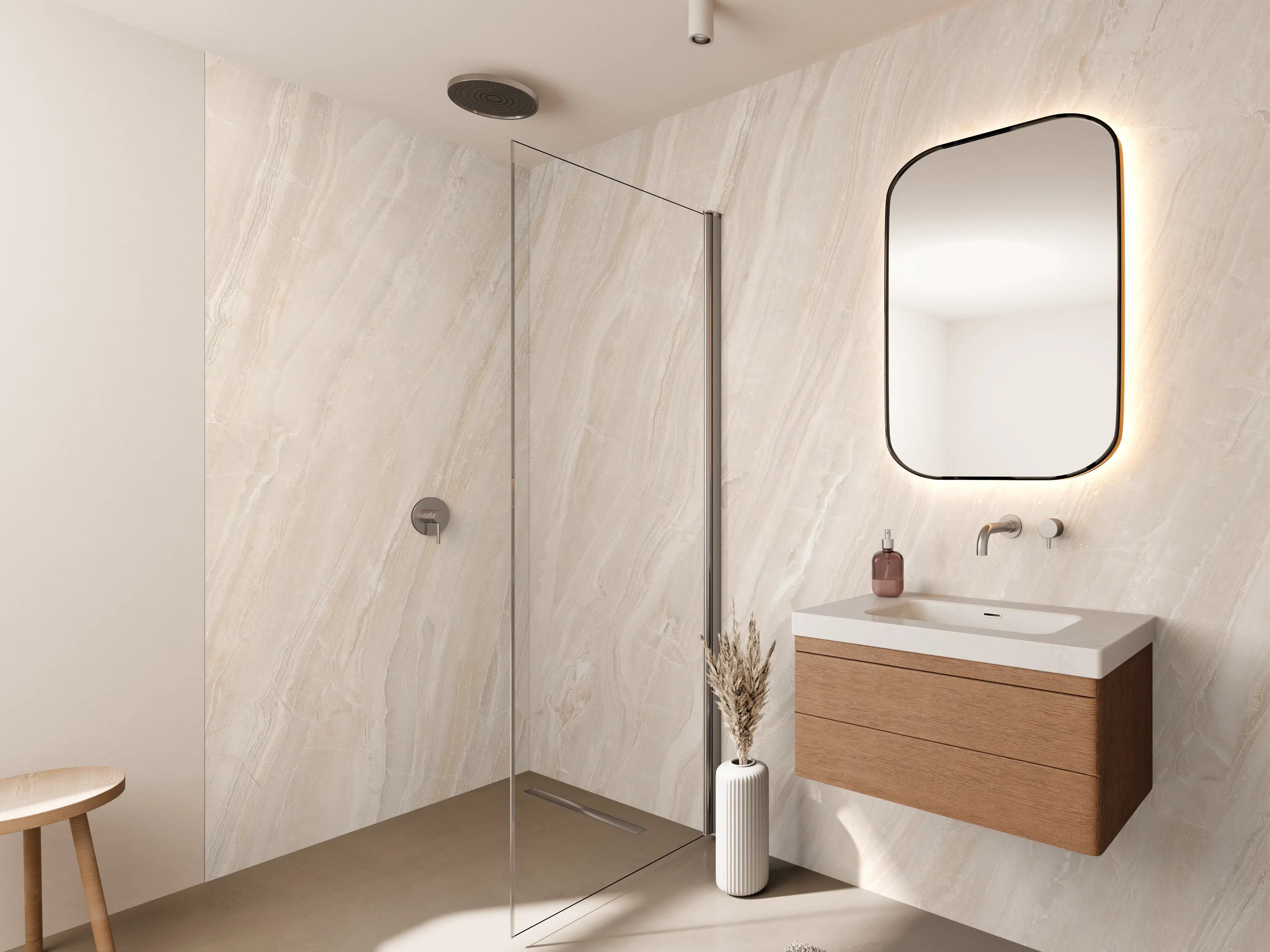 Wandverkleidung Bad - Helle Marmor-Textur in Beige und Hellgrau