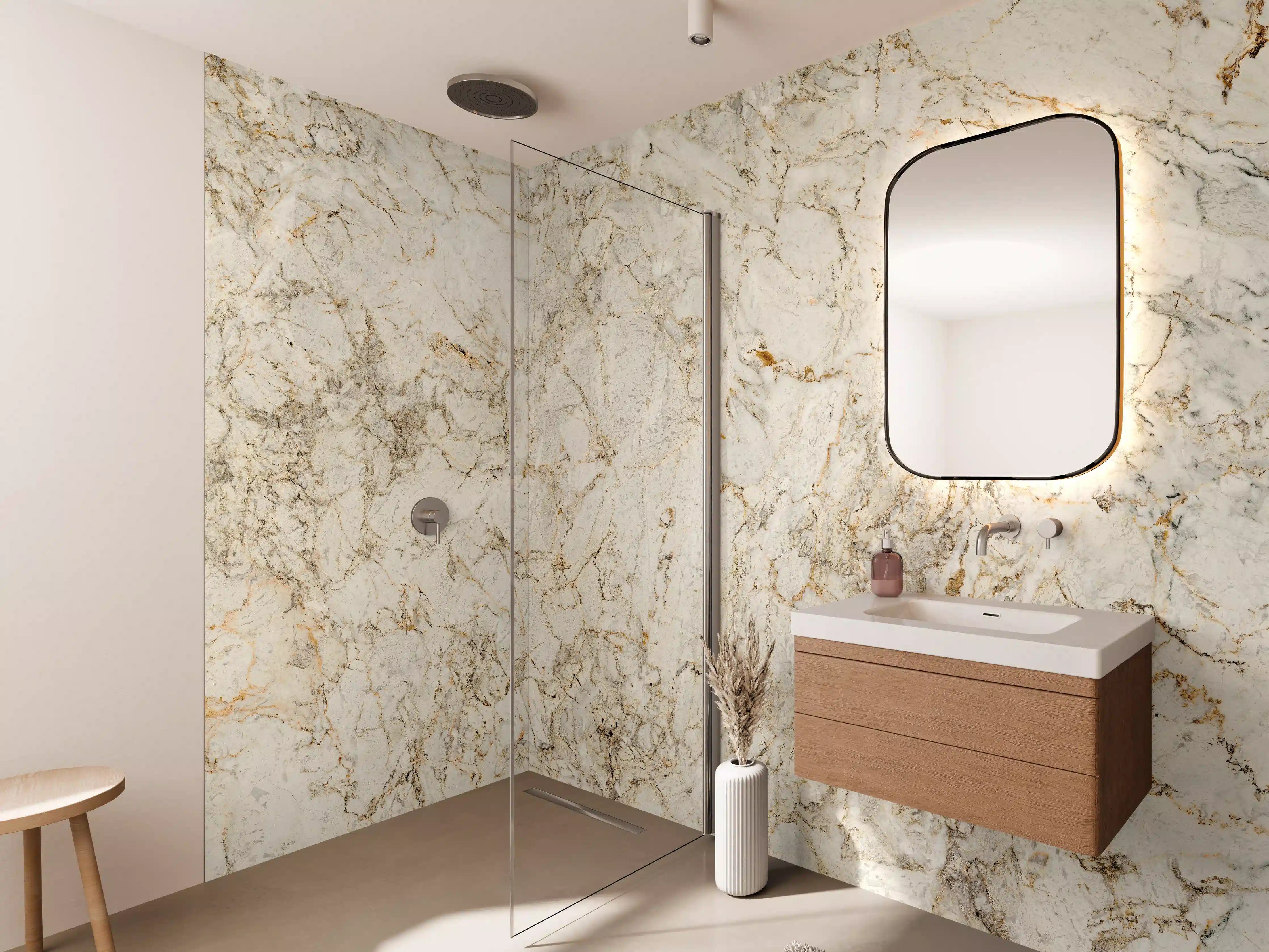 Wandverkleidung Bad - Helle Marmortextur in Creme-Tönen