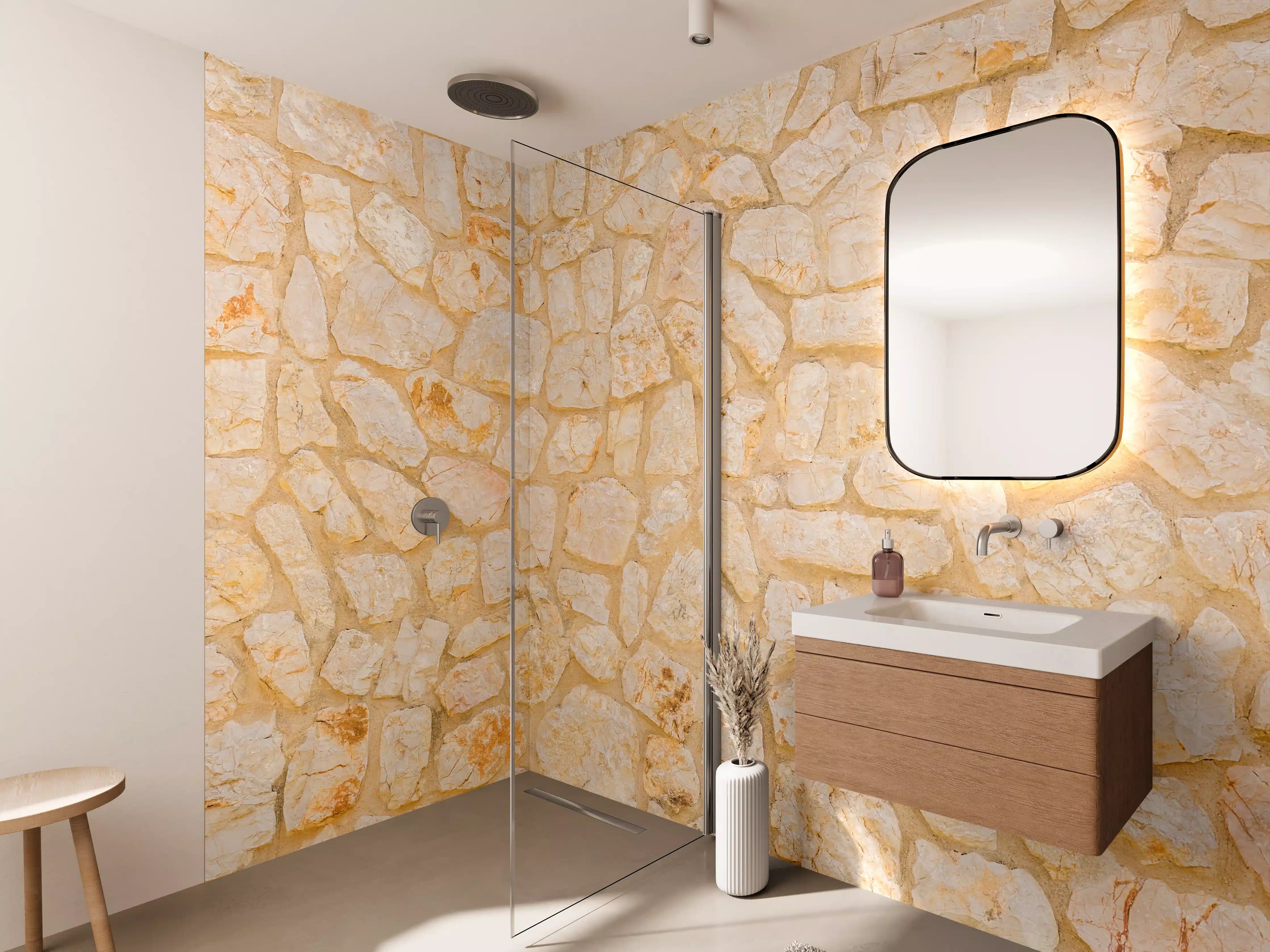 Wandverkleidung Bad - Helle Steinwand mit warmen Tönen