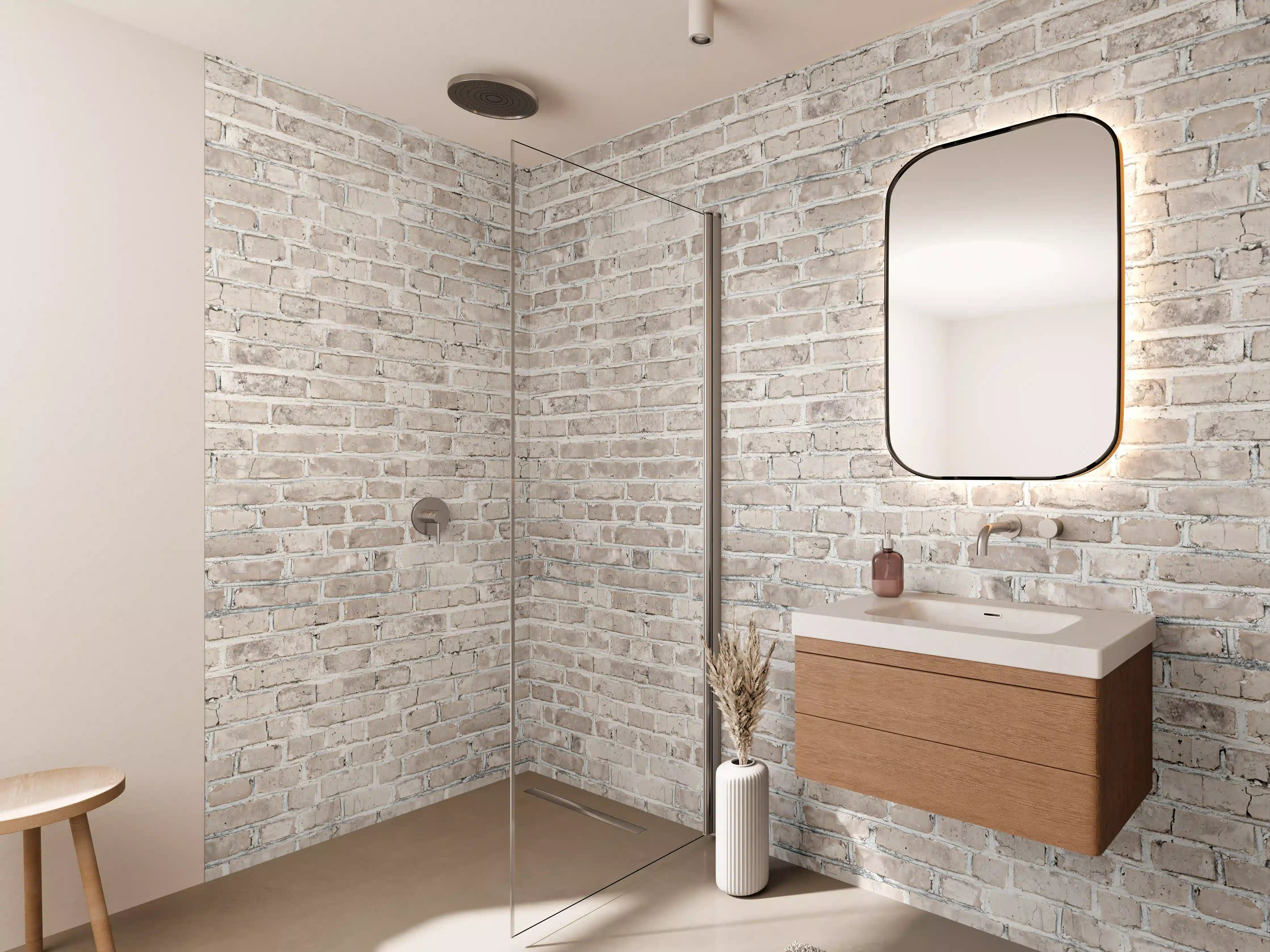 Wandverkleidung Bad - Helle Ziegelsteinwand in neutralen Tönen