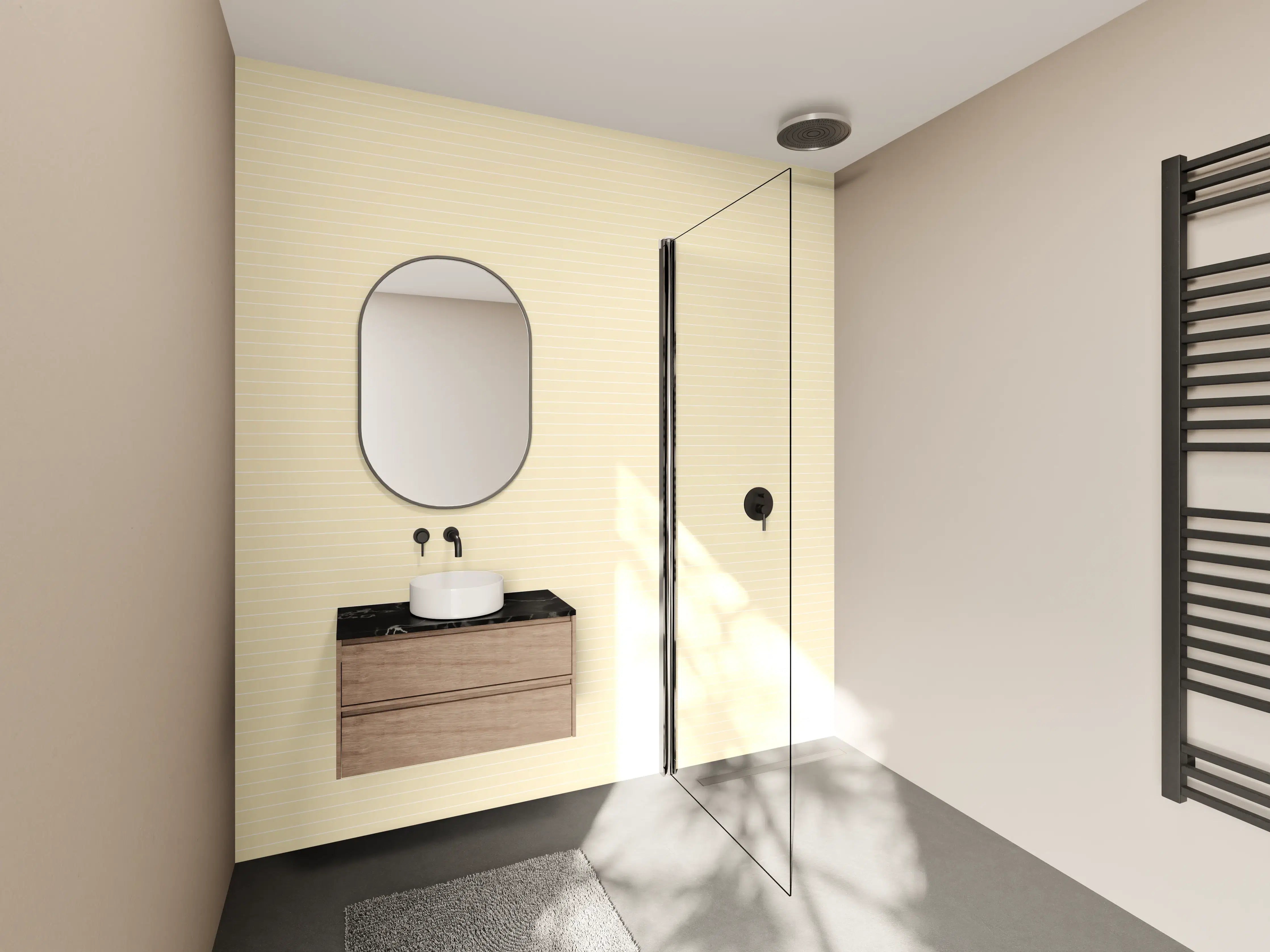 Wandverkleidung Bad - Helle, beige strukturierte Wandfläche