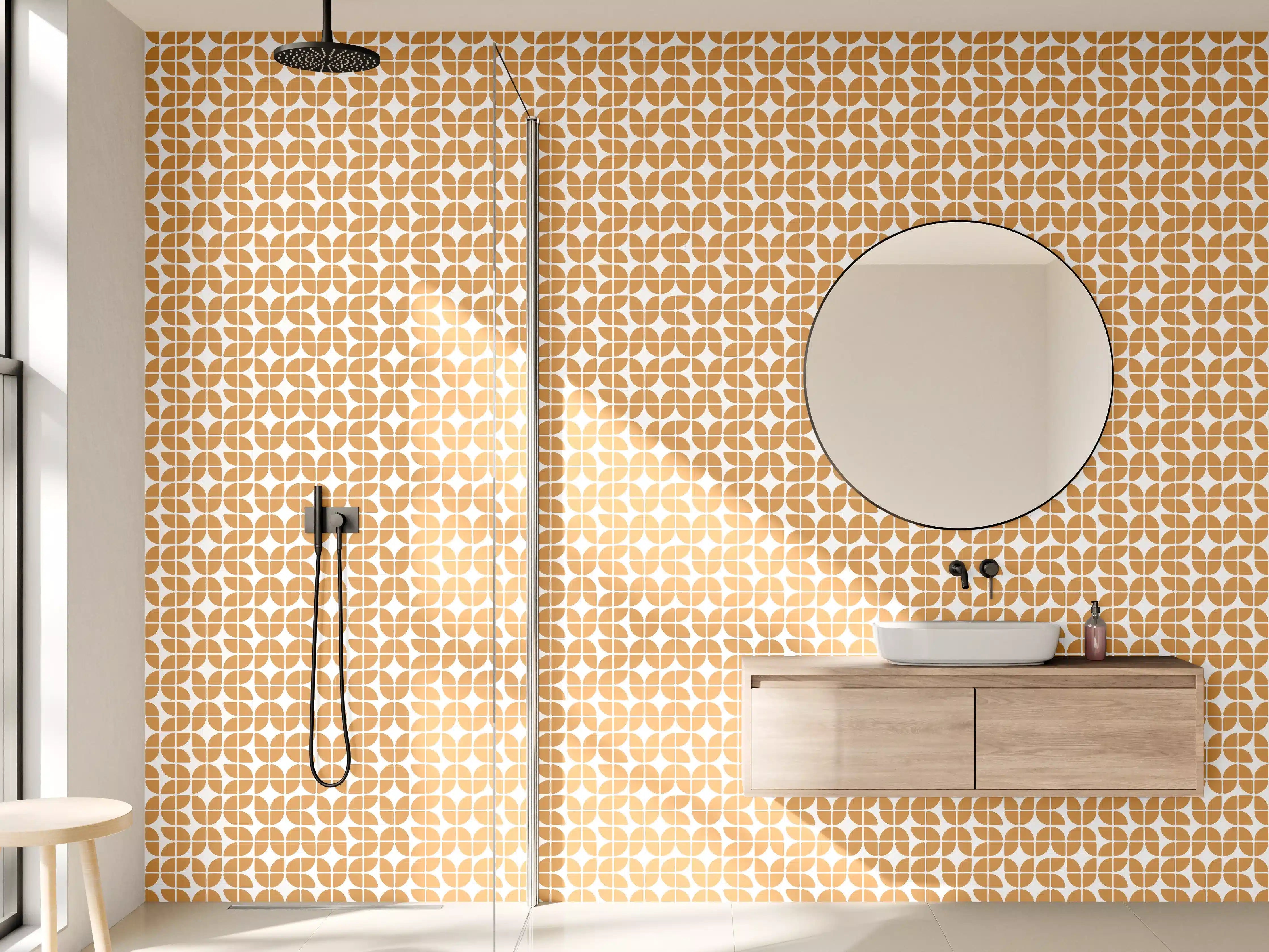 Wandverkleidung Bad - Helle, geometrische Muster in warmen Tönen