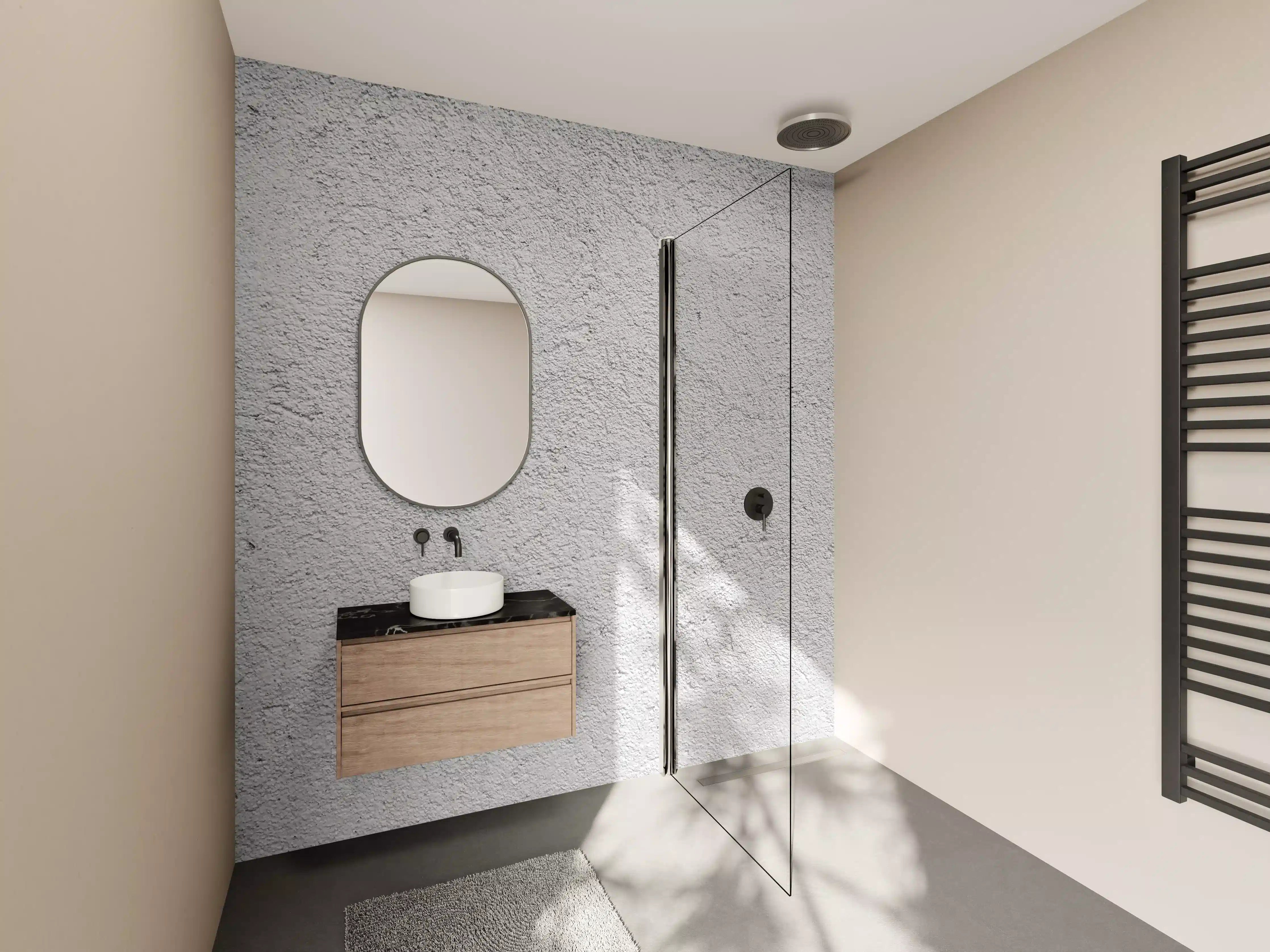 Wandverkleidung Bad - Helle, graue Putzwand mit Textur