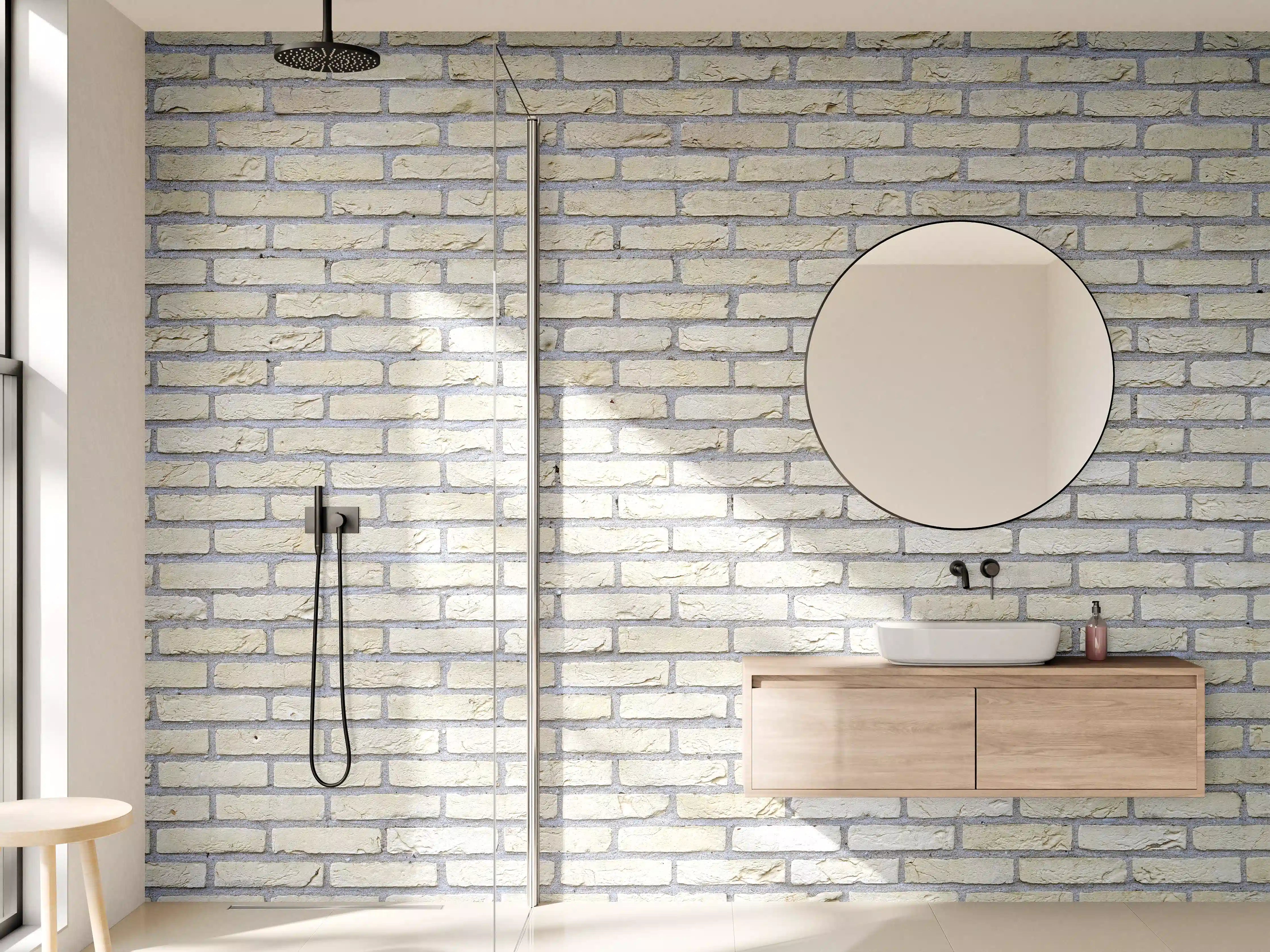 Wandverkleidung Bad - Heller Ziegelmuster mit Grau-Glanz