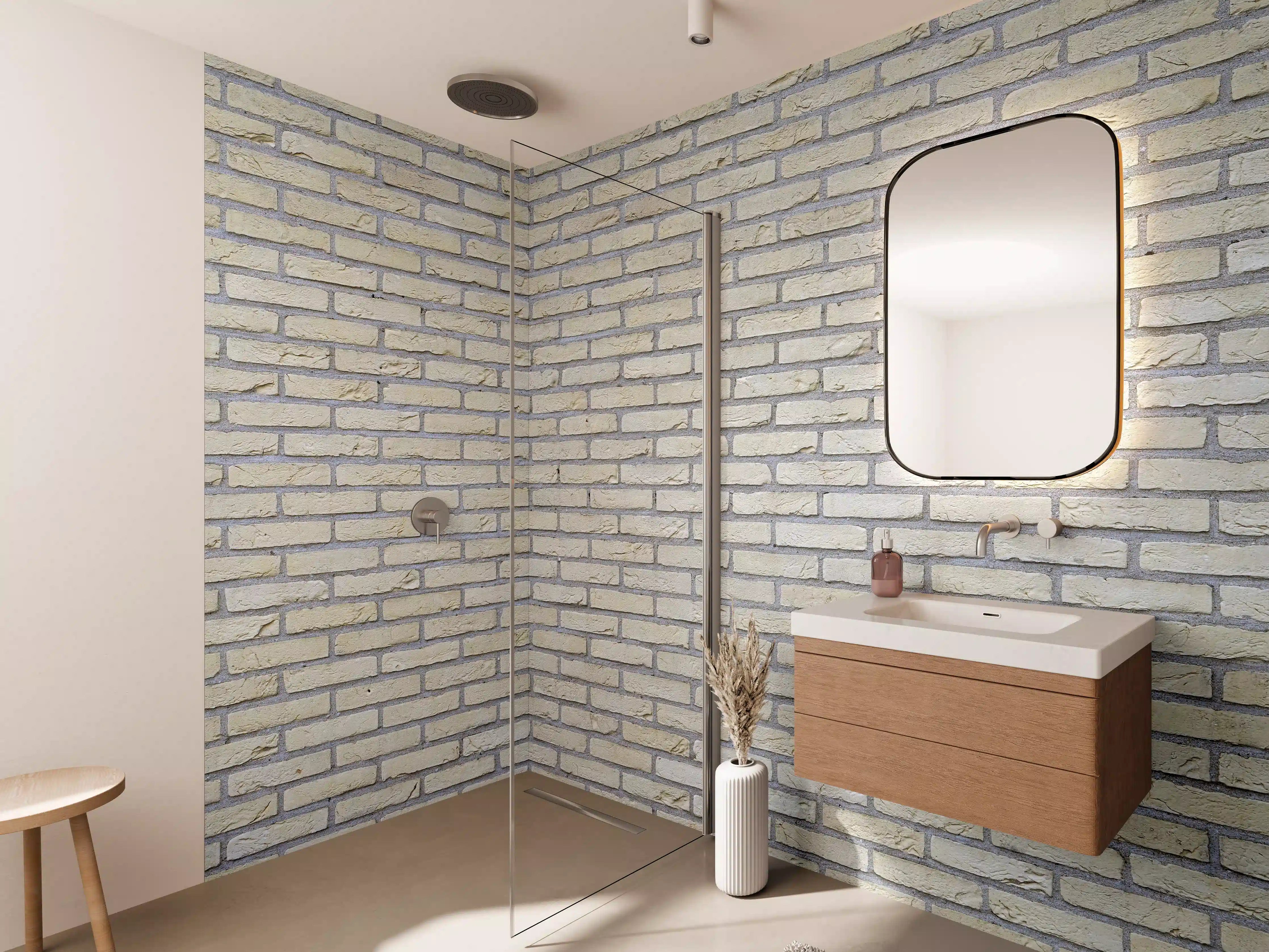 Wandverkleidung Bad - Heller Ziegelmuster mit Grau-Glanz