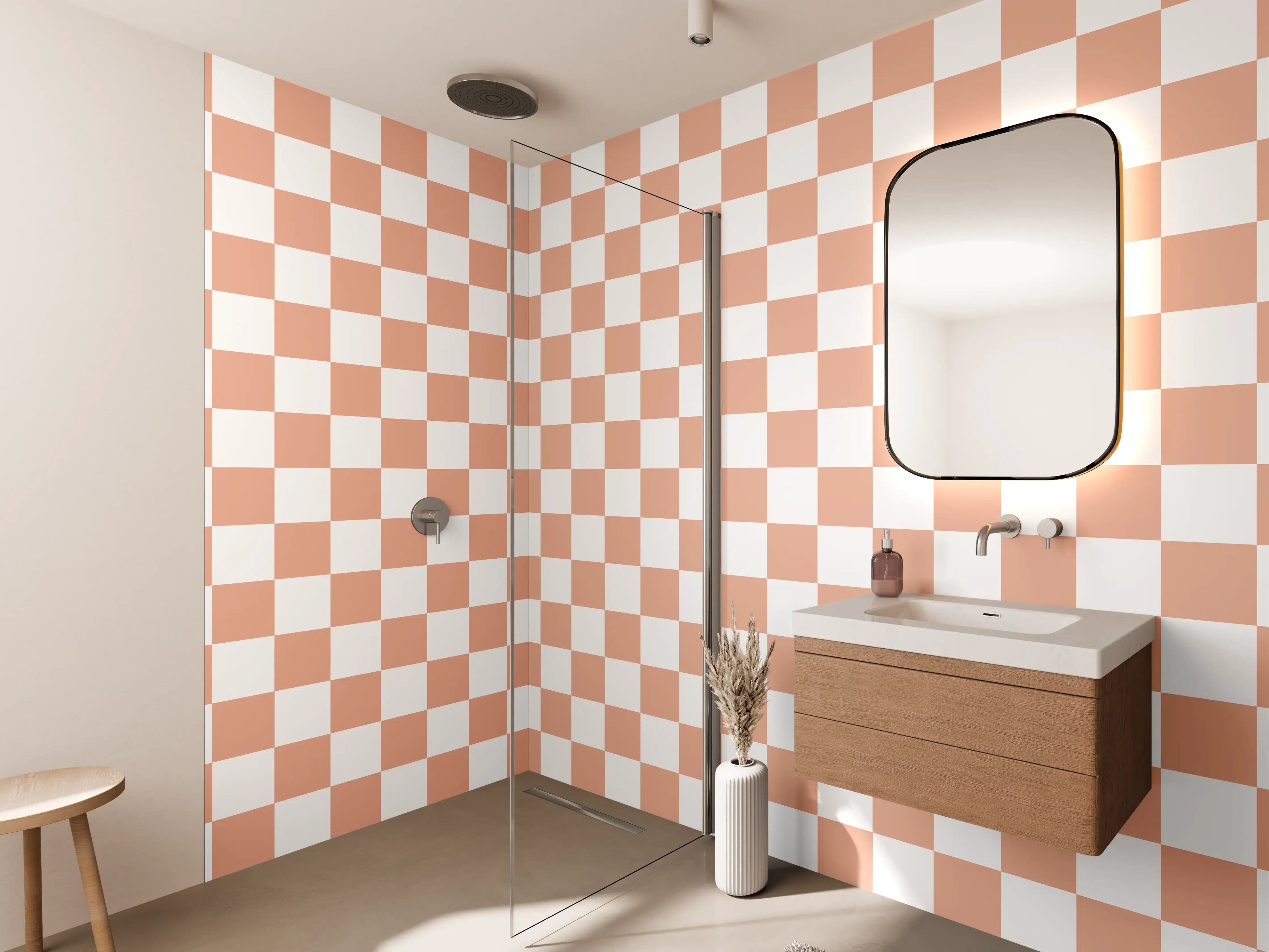 Wandverkleidung Bad - Helles Checkmuster in Peach- und Beigetönen