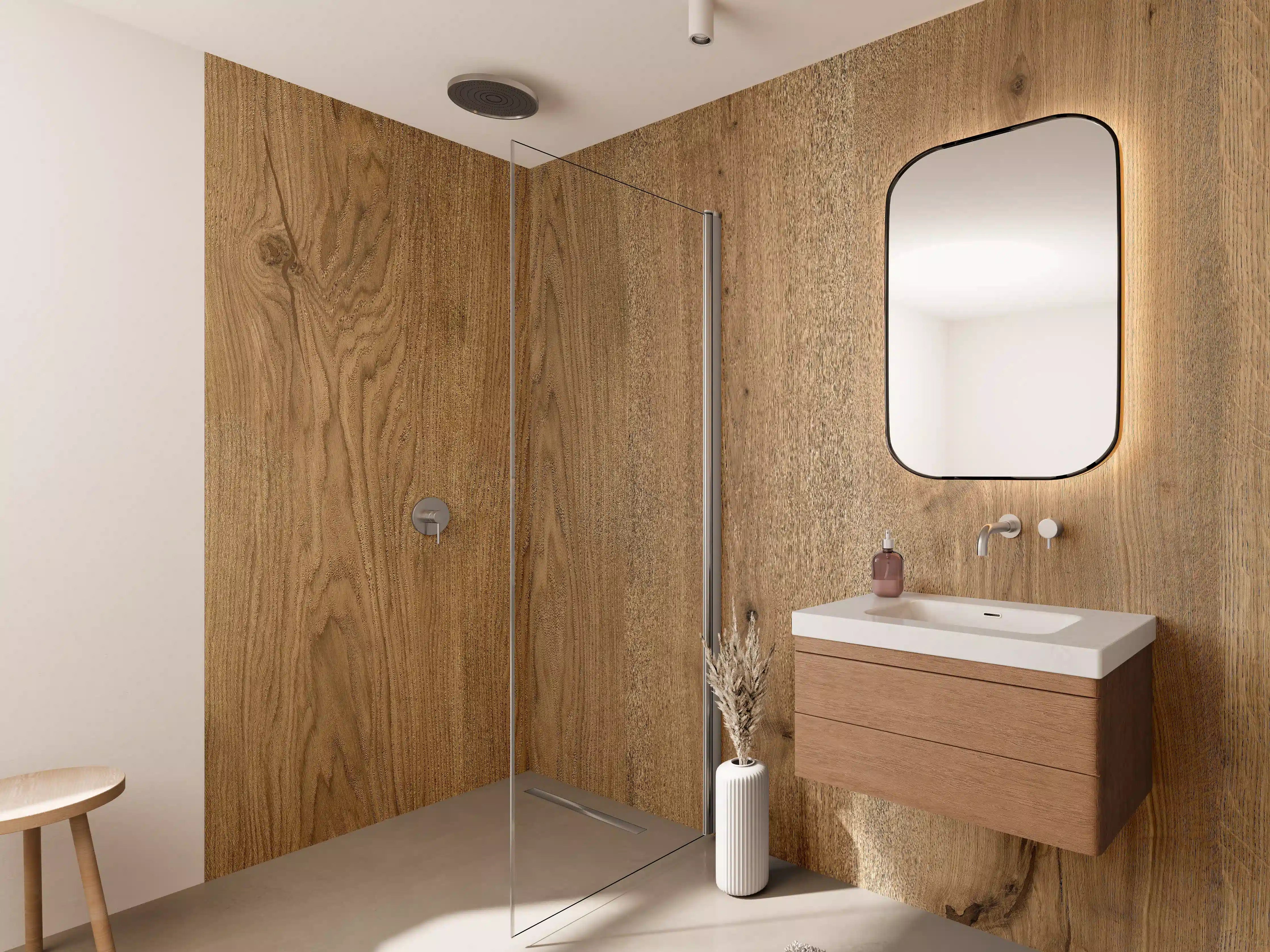 Wandverkleidung Bad - Helles Holz mit Graufinish