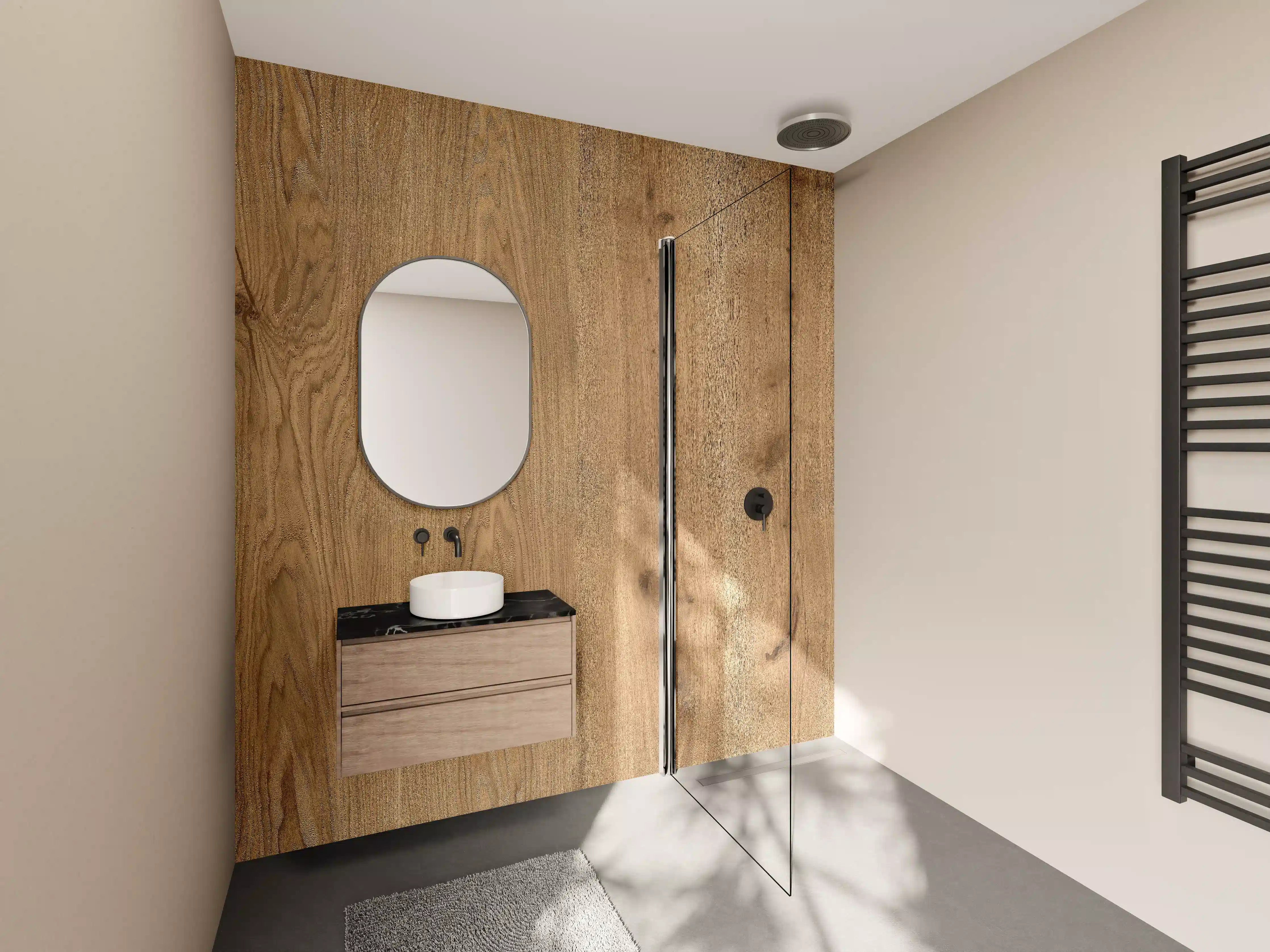Wandverkleidung Bad - Helles Holz mit Graufinish