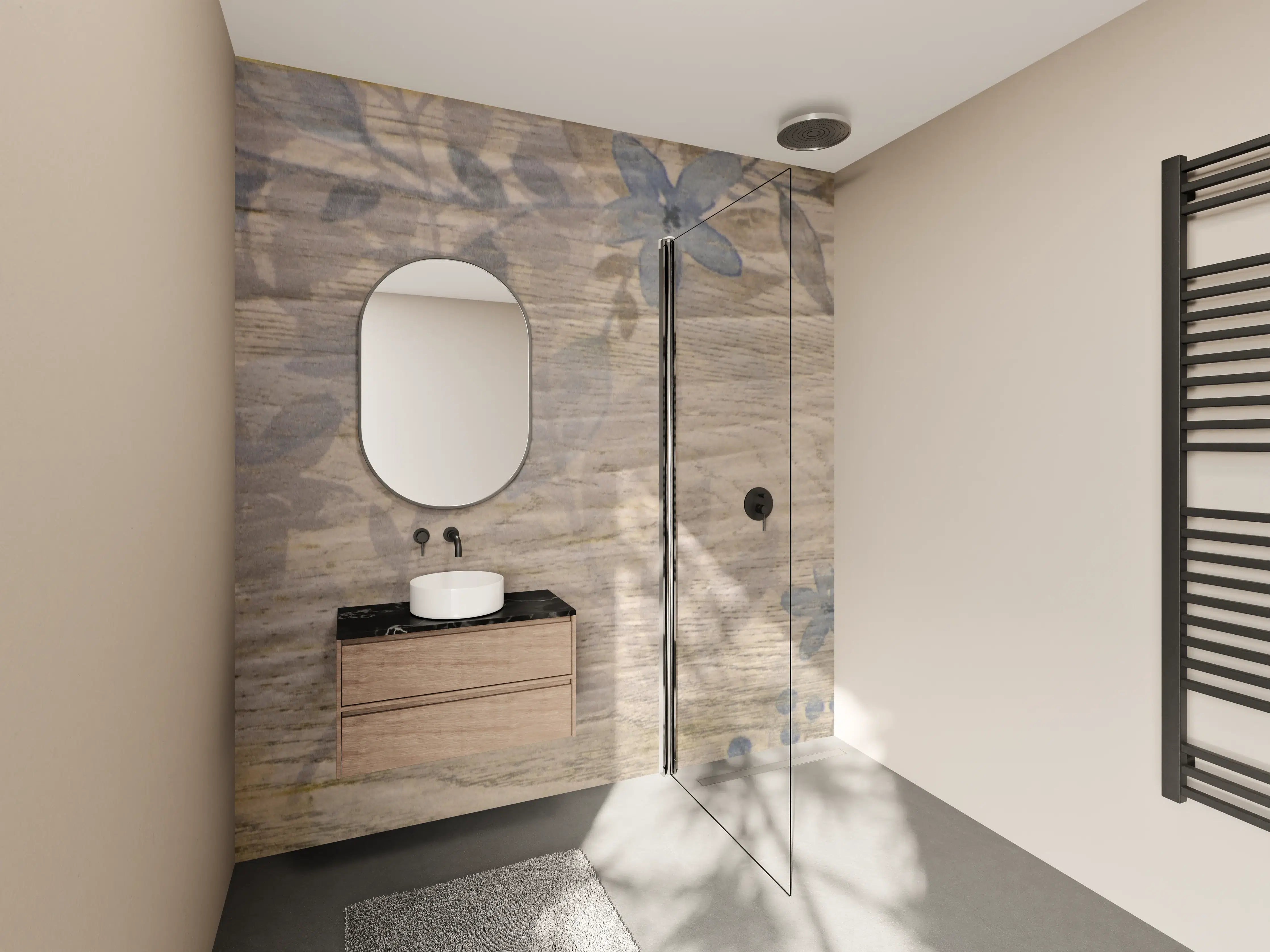 Wandverkleidung Bad - Helles Holz mit floralem Muster
