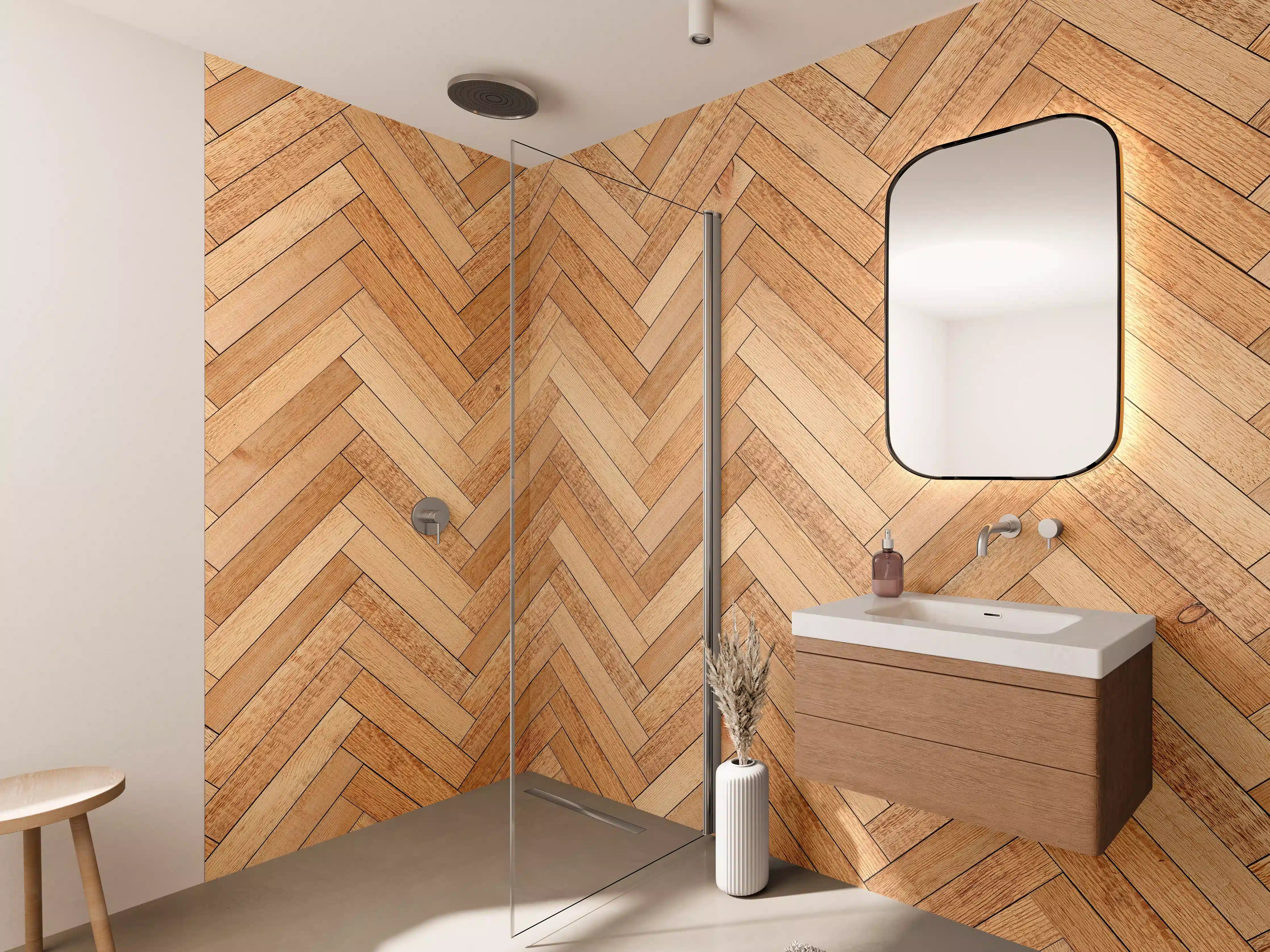 Wandverkleidung Bad - Helles Holzmuster mit diagonaler Anordnung