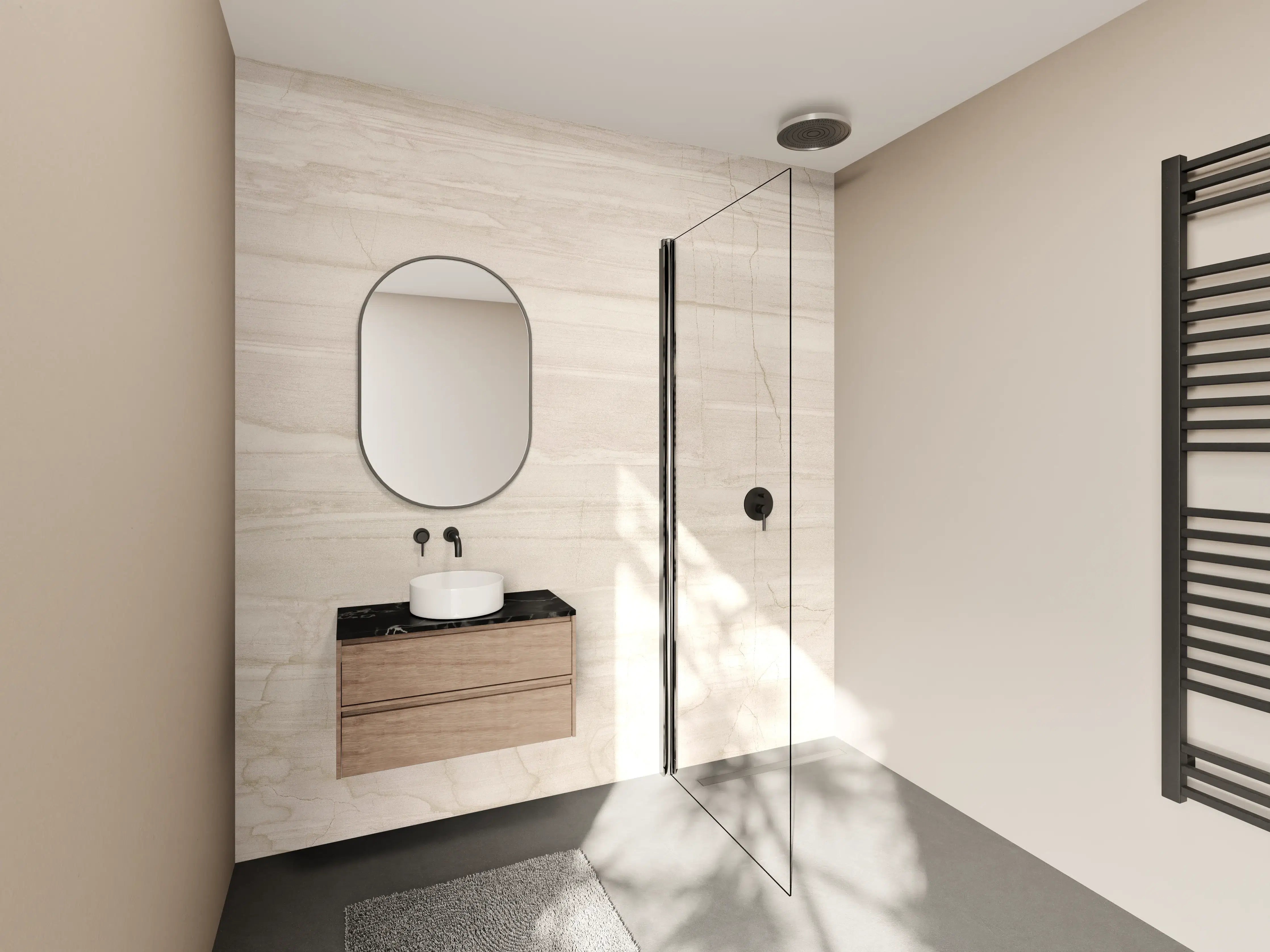 Wandverkleidung Bad - Helles Marmor-Design mit dezenten Linien