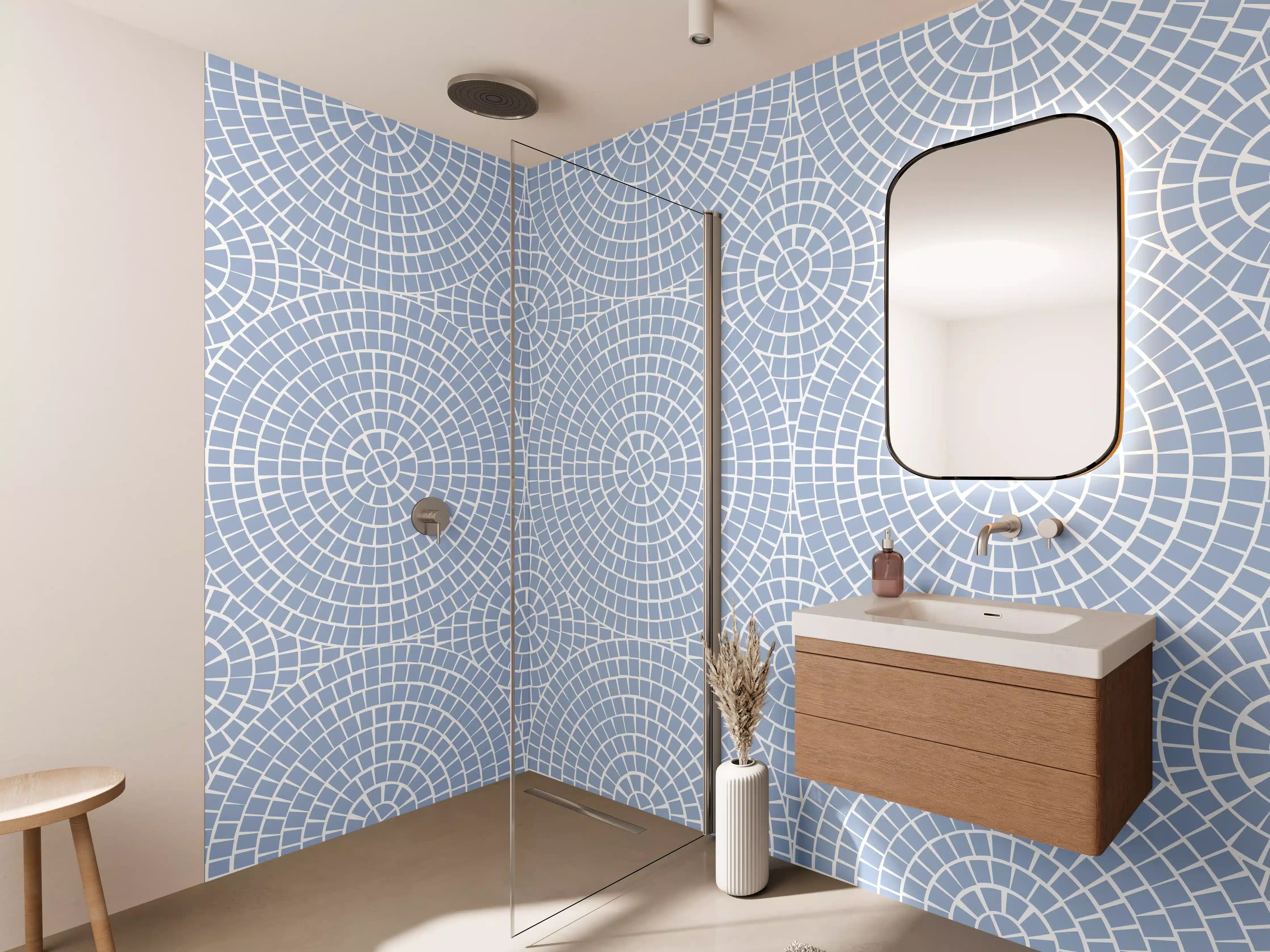 Wandverkleidung Bad - Helles, geometrisches Design in Blau und Weiß