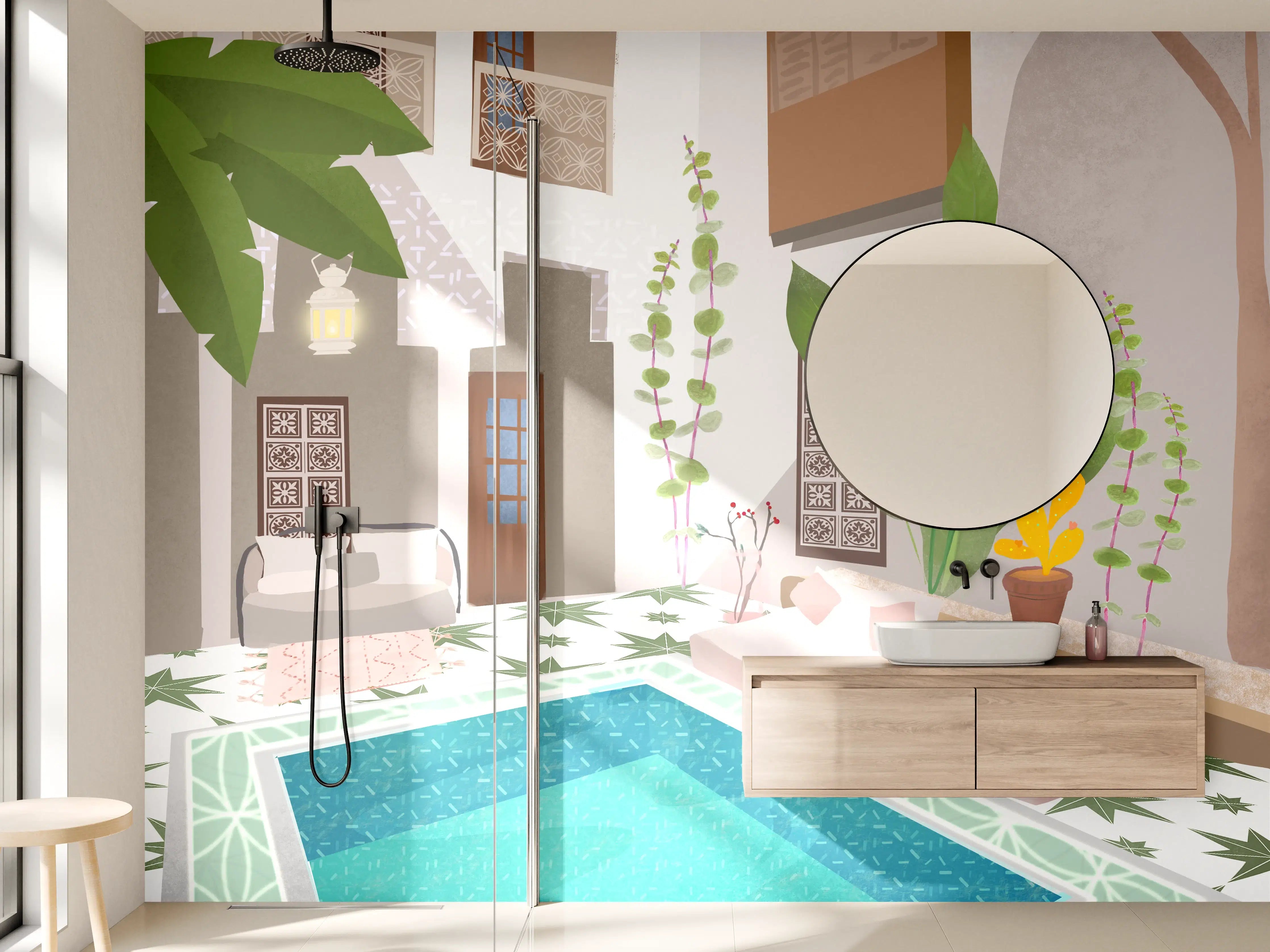 Wandverkleidung Bad - Helles, tropisch inspiriertes Innenhof-Design mit Pool