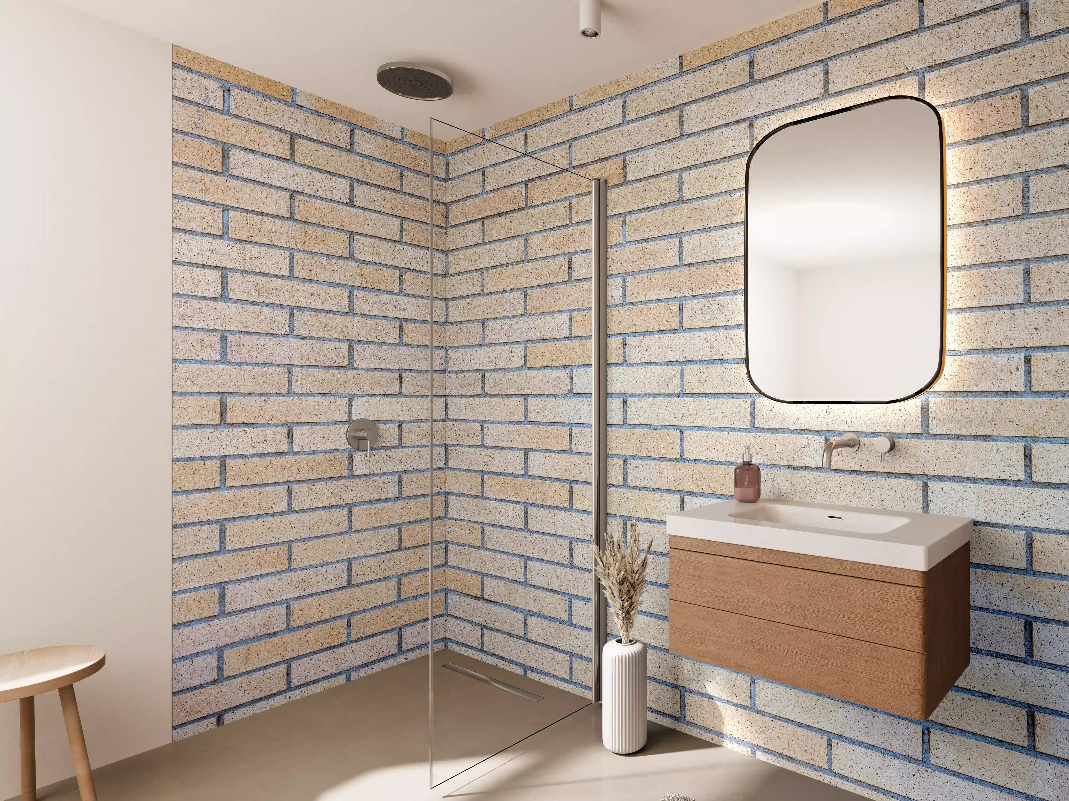 Wandverkleidung Bad - Hellgelbe Ziegelwand mit Betonfugen