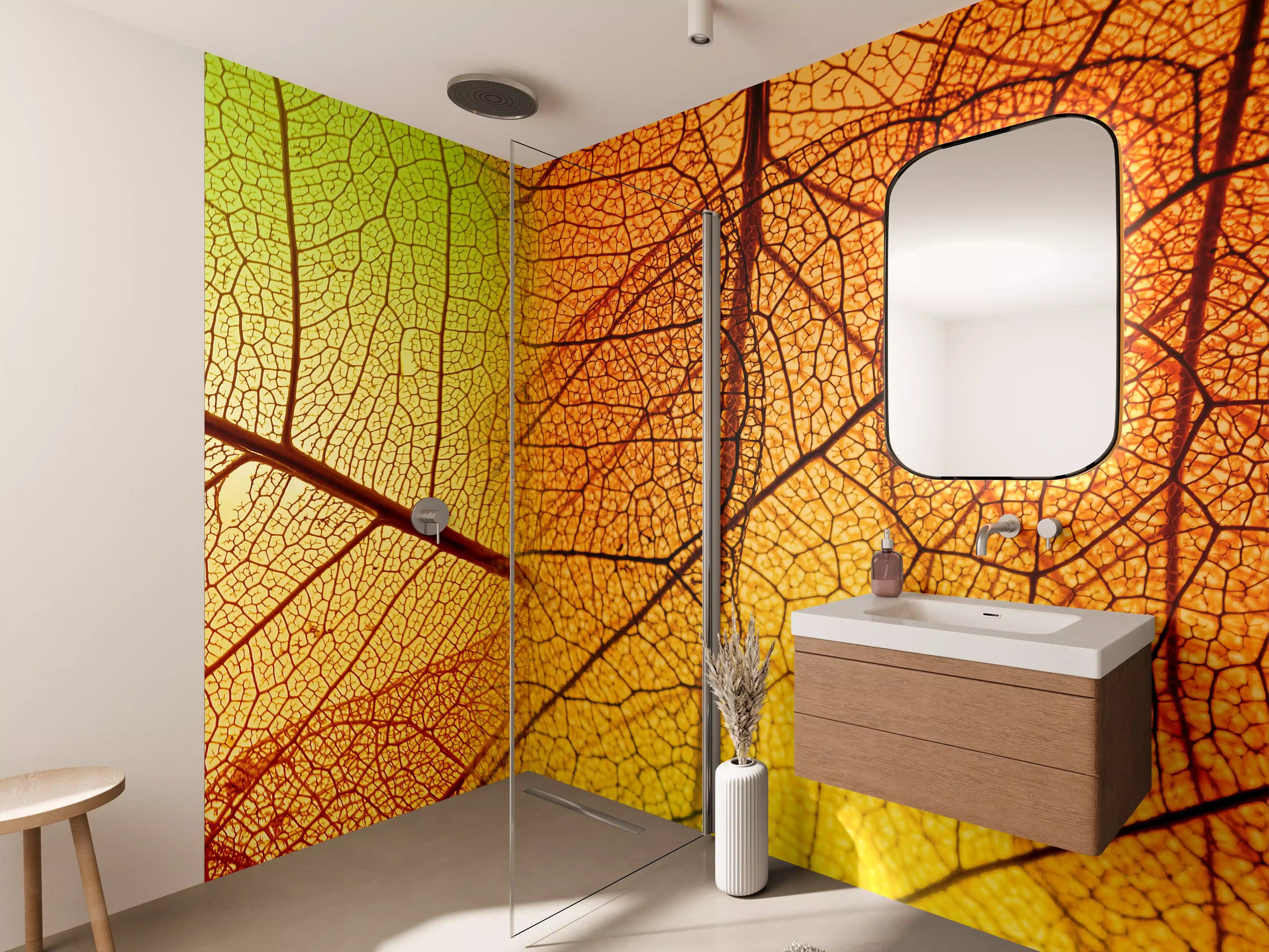 Wandverkleidung Bad - Herbstliche Blätter in warmen Farben