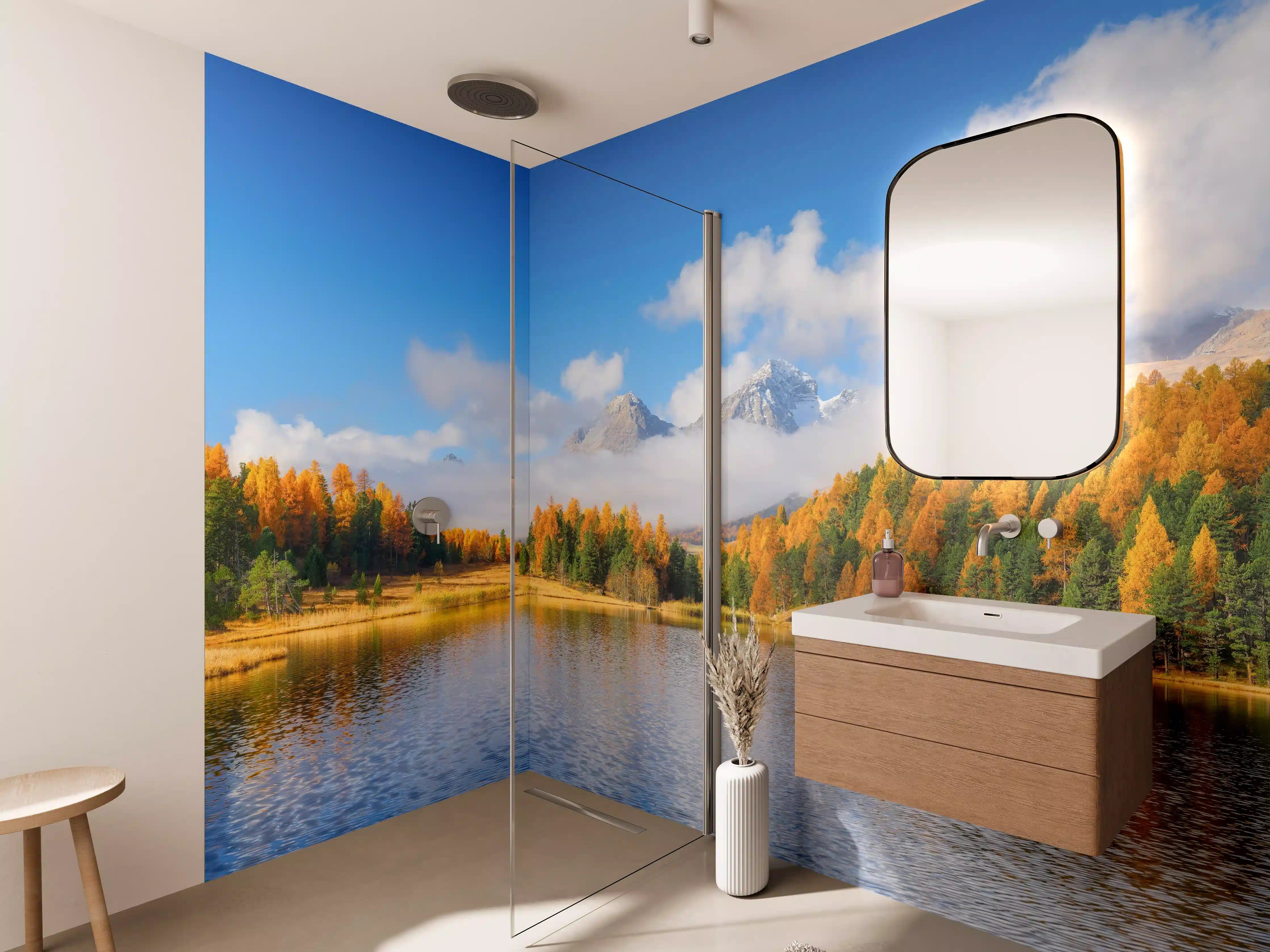 Wandverkleidung Bad - Herbstliche Landschaft am See