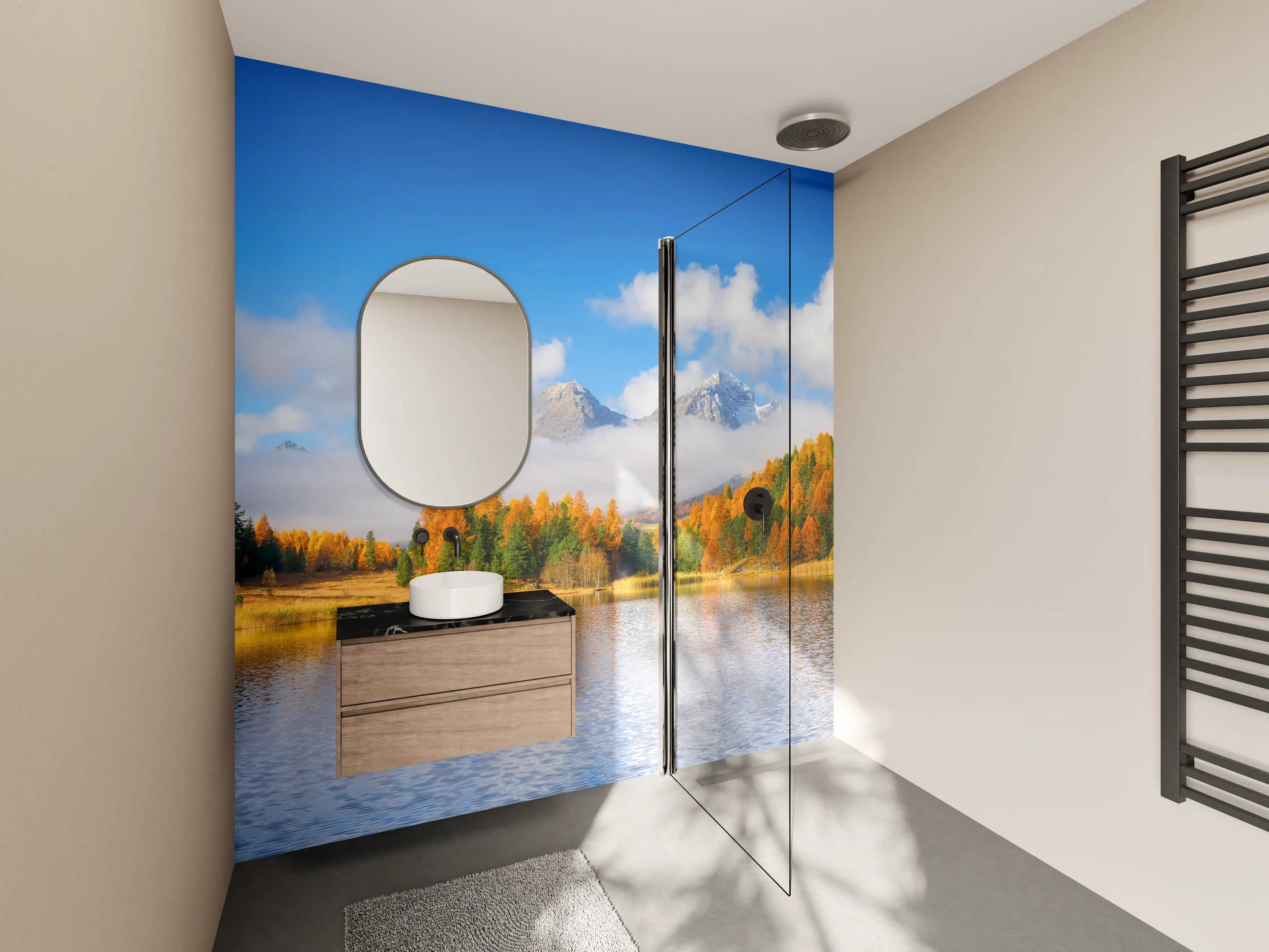 Wandverkleidung Bad - Herbstliche Landschaft am See