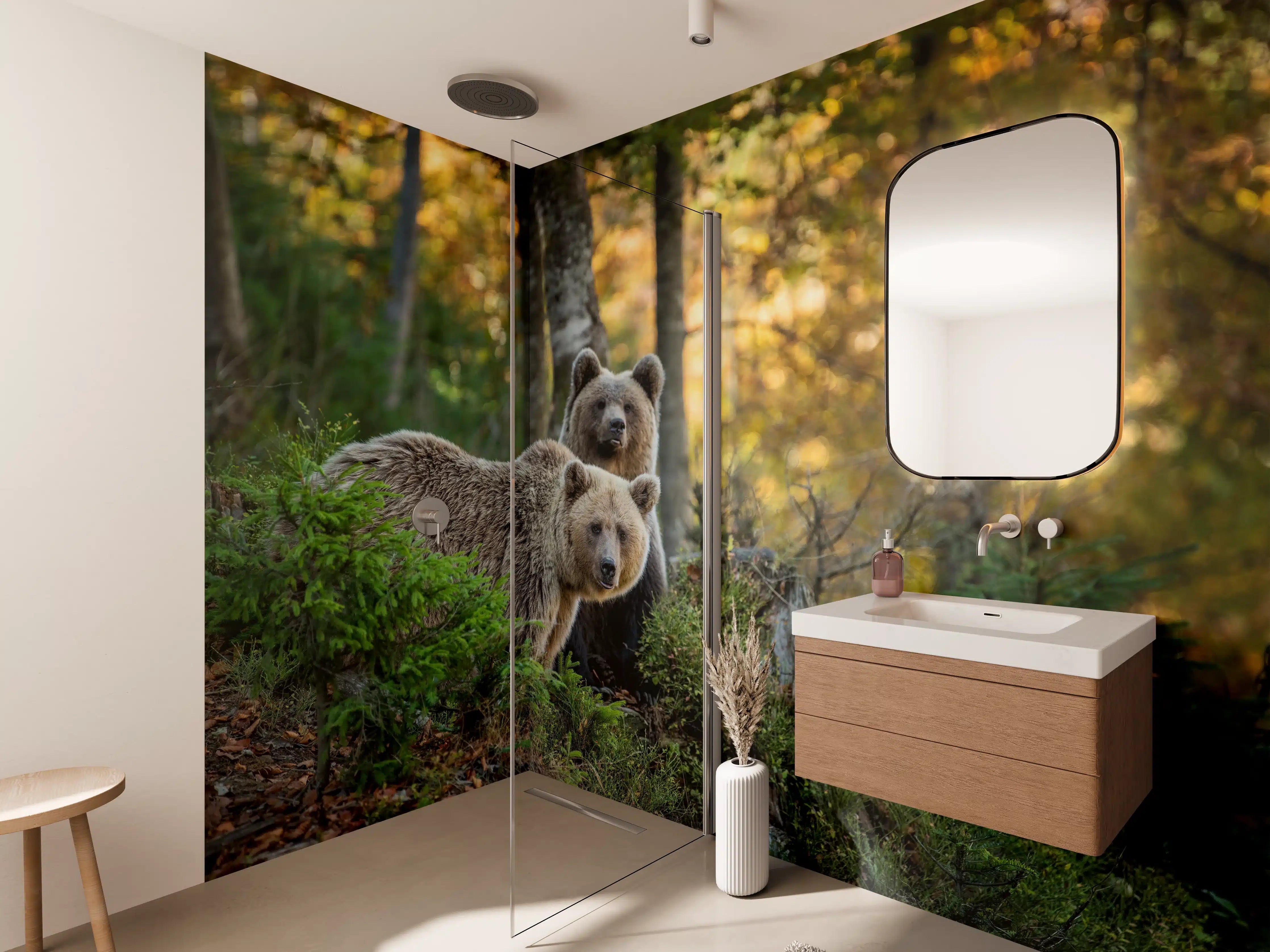Wandverkleidung Bad - Herbstlicher Braunbär im Wald
