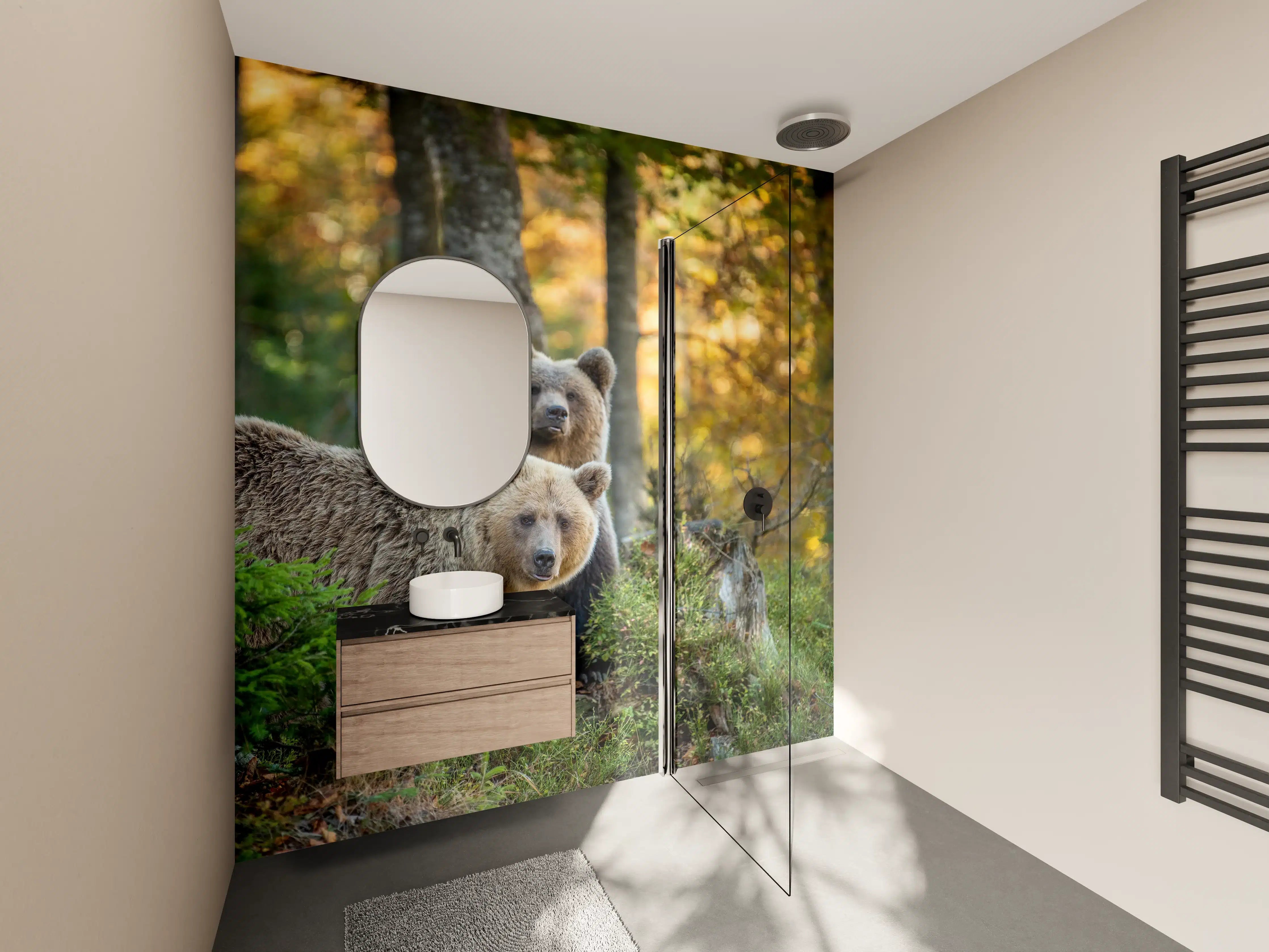 Wandverkleidung Bad - Herbstlicher Braunbär im Wald