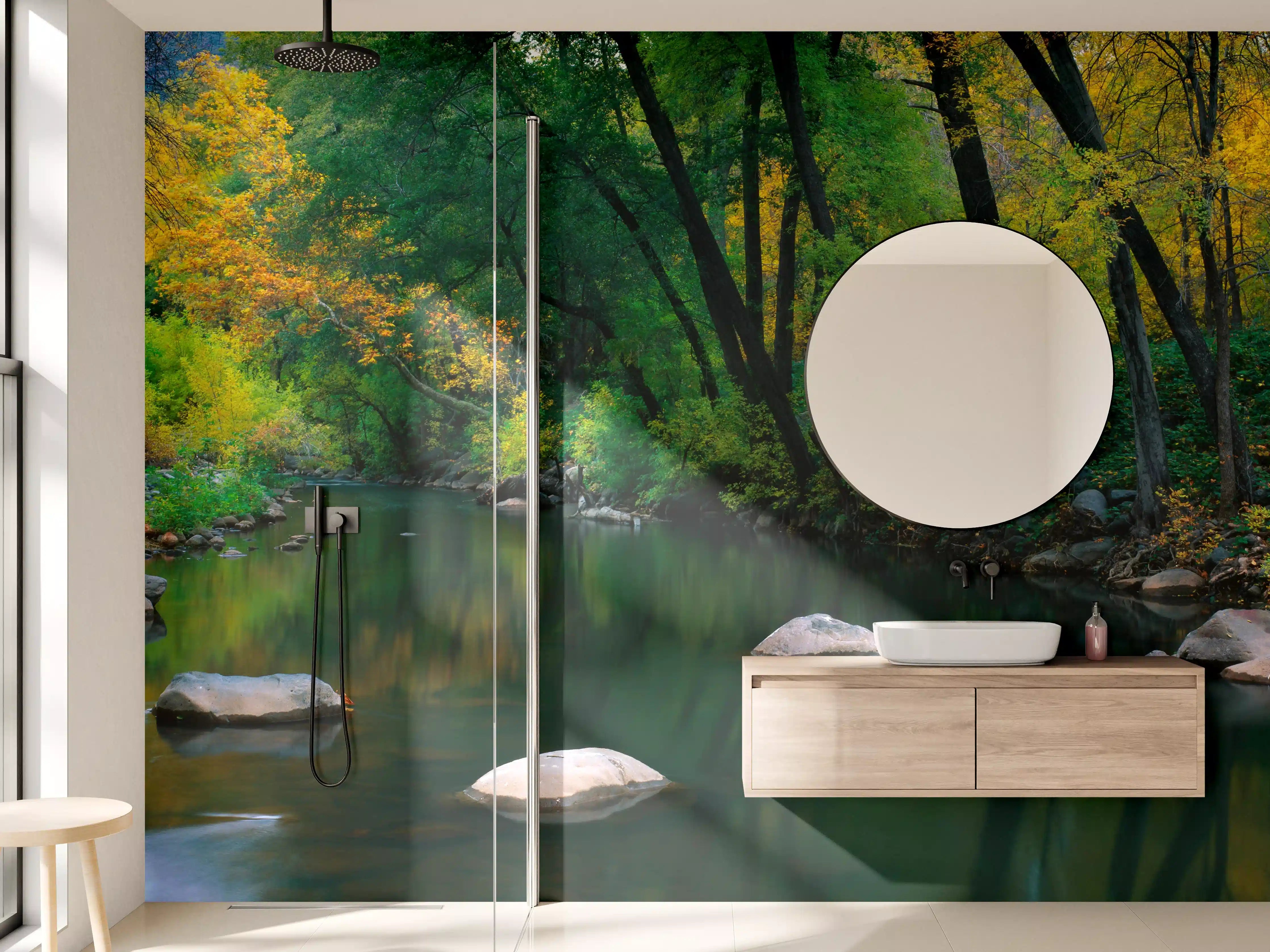 Wandverkleidung Bad - Herbstlicher Fluss in Waldlandschaft