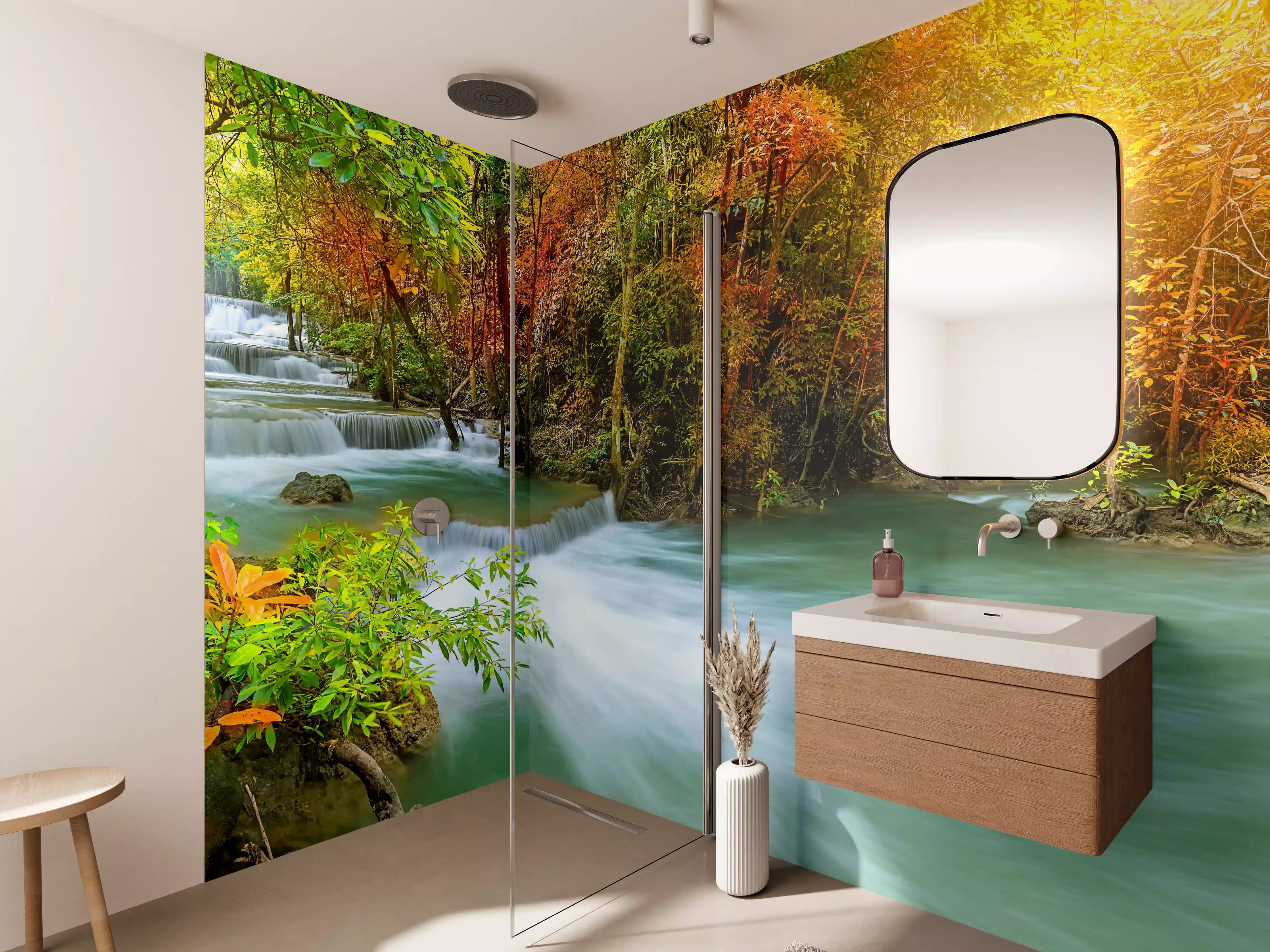 Wandverkleidung Bad - Herbstlicher Türkis-Wasserfall